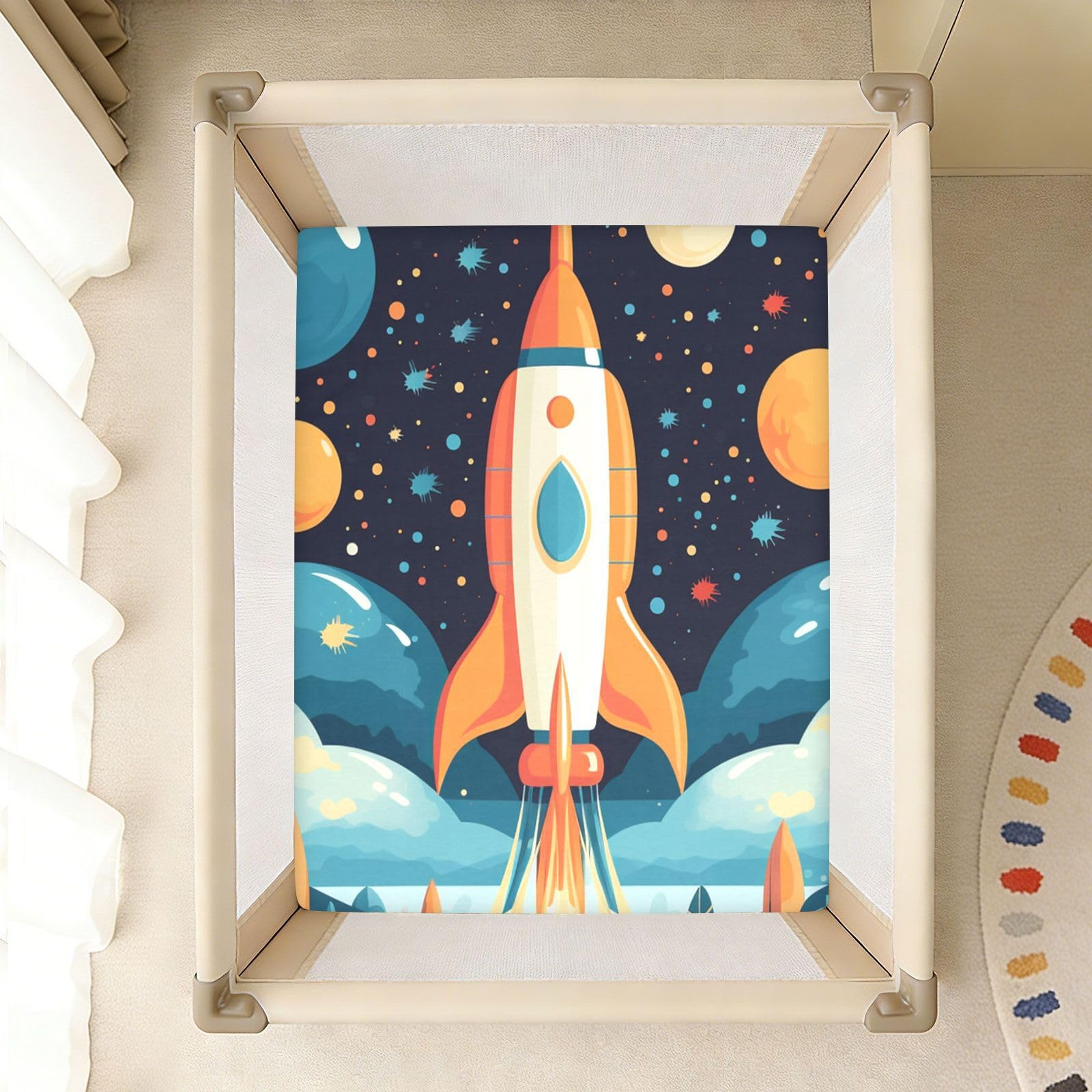 Estrellas De Cohete De MontañA De Dibujos Animados Sábana de Cuna para Niños Pequeños,Sábanas de Algodón Suave para Bebés Aptas para Colchón Corralito