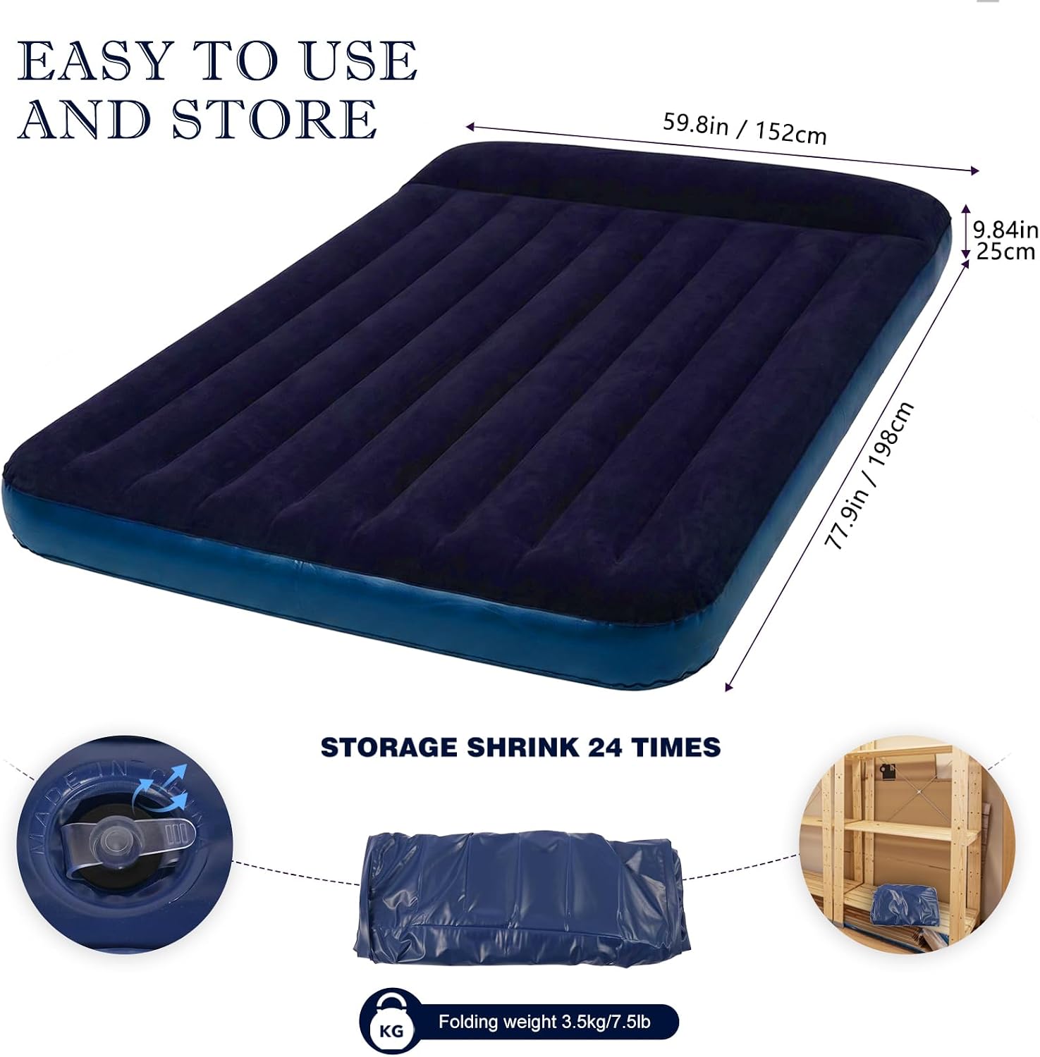 Onirii Queen Size Double Camping Air Mattress Bed with Air Pump | Thickened Portable Blow Up Air Mattress,Travel Sleeping Bed Pad for Camping Home Hiking(Blue Black)