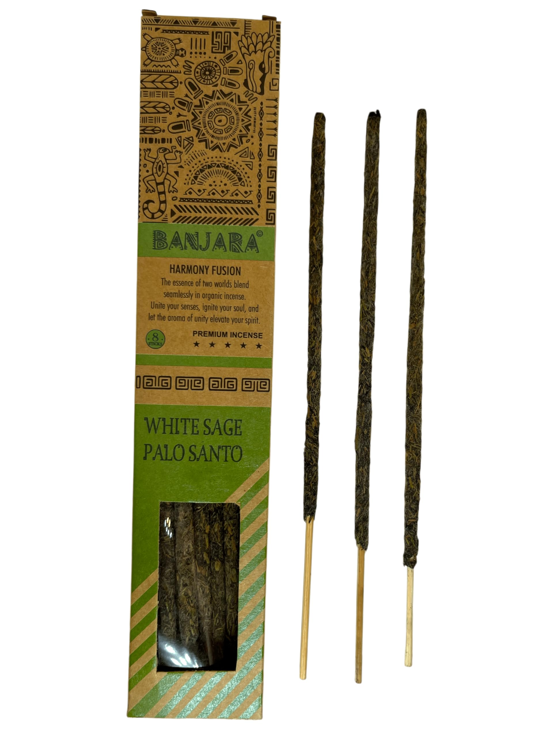 Hostenatura Palo Santo Banjara Incense Series - Harmony Fusion - Harmony Fusion - Top Indian Artisan Incense - 8 Sticks ( And White Sage)