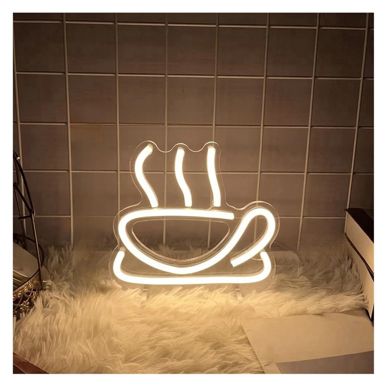 Generico Decorazione luminosa al neon Tazza da caffè per insegne per decorazioni murali per luci LED dimmerabili(Beige)