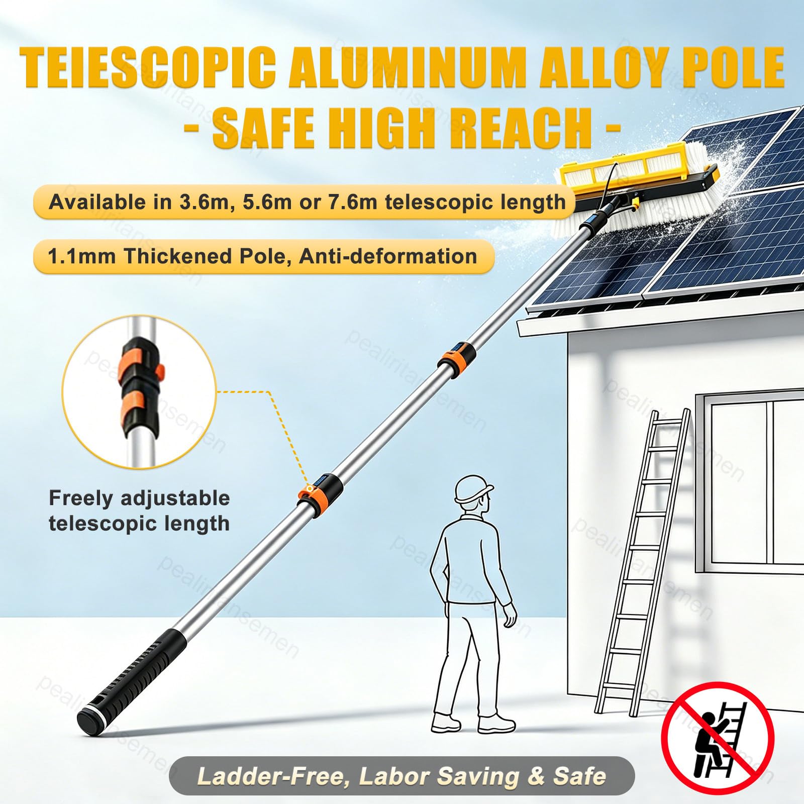 Cepillo eléctrico para limpieza de paneles solares, cepillo giratorio de 380 rpm, modo húmedo y seco con mango con suministro de agua para paneles fotovoltaicos, techos de caravanas, ventanas exterio