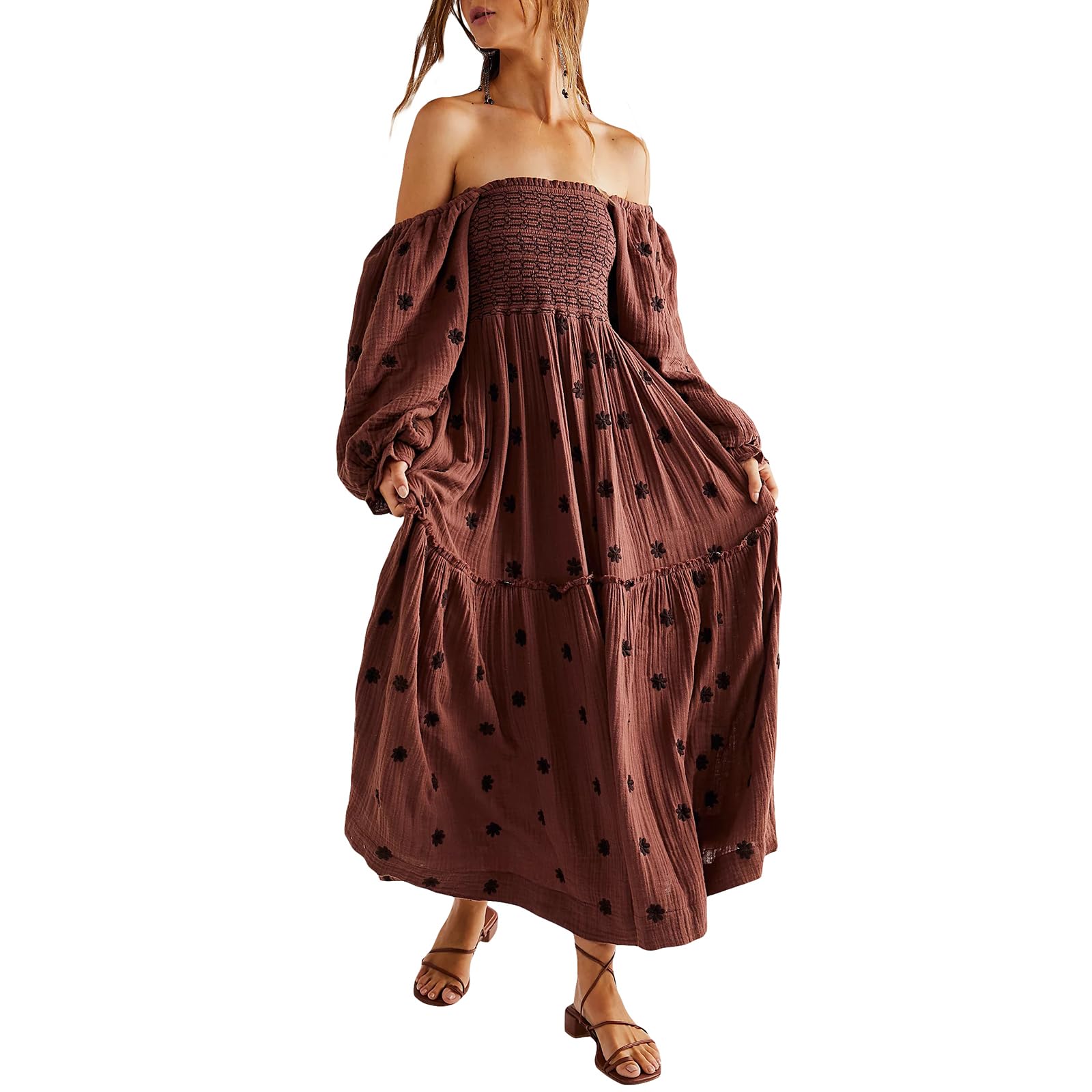 ChloefairyFashion Women's 3D Floral Embroidered Maxi Dress Puff Sleeve Square Neck Tiered Flowy A-line Dress