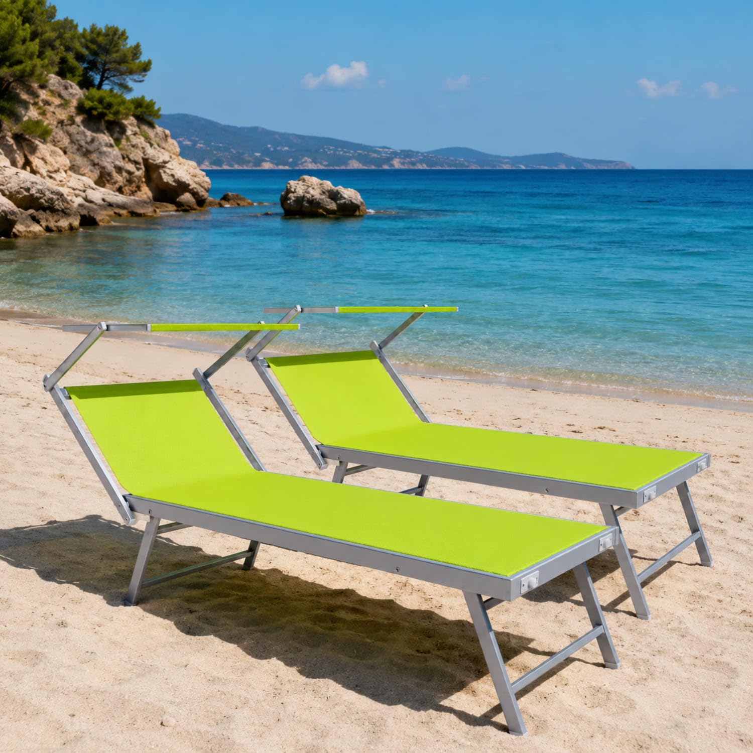 Coppia Di Lettini Prendisole Pieghevole Professionale In Alluminio Tettuccio Orientabile Tettino Parasole Sdraio Lettino Prendi Sole Mare Spiaggia Piscina Giardino 182 x 60 x 38 cm Verde Fluo