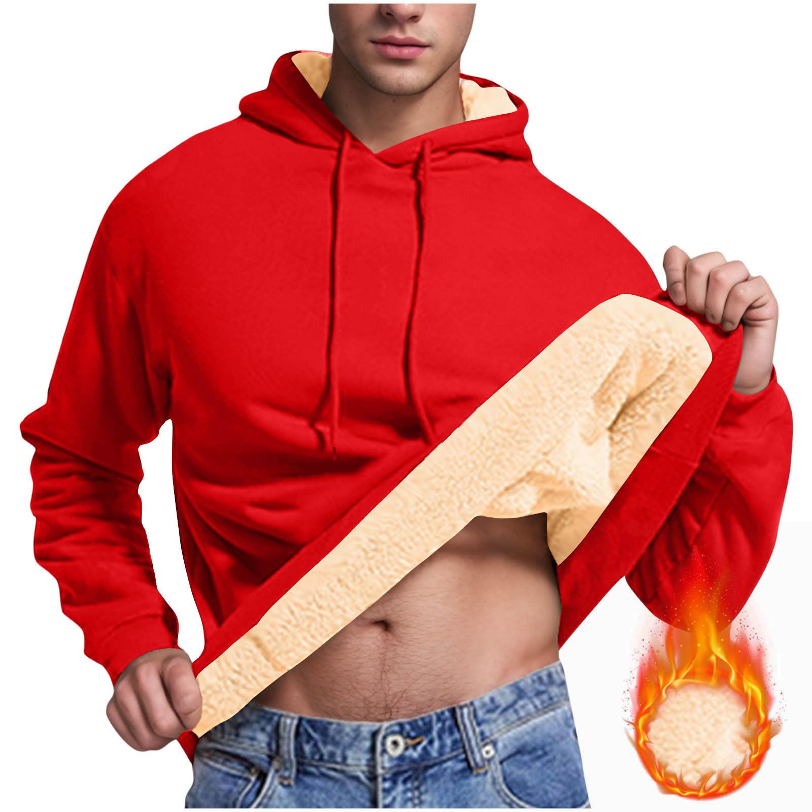 Suéter Hombres Collar soporte elá Color sólido sudara Capucha Suéter cálido peluche Manga Larga cómodo I-367 Red Small
