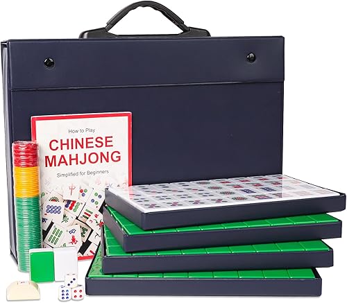 ZGME Juego de mahjong chino, juego de Mah-Jongg, Mah Jongg tradicional completo con 146 azulejos numerados grandes (1.5 pulgadas, verde), estuche de