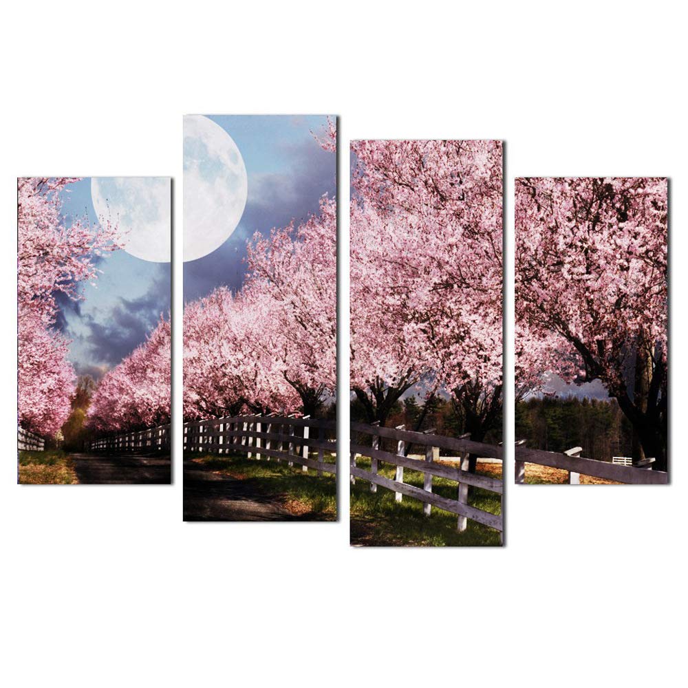 Tableau cerisier fleurs en 4 pièces, encre élégante pour grand mur salon