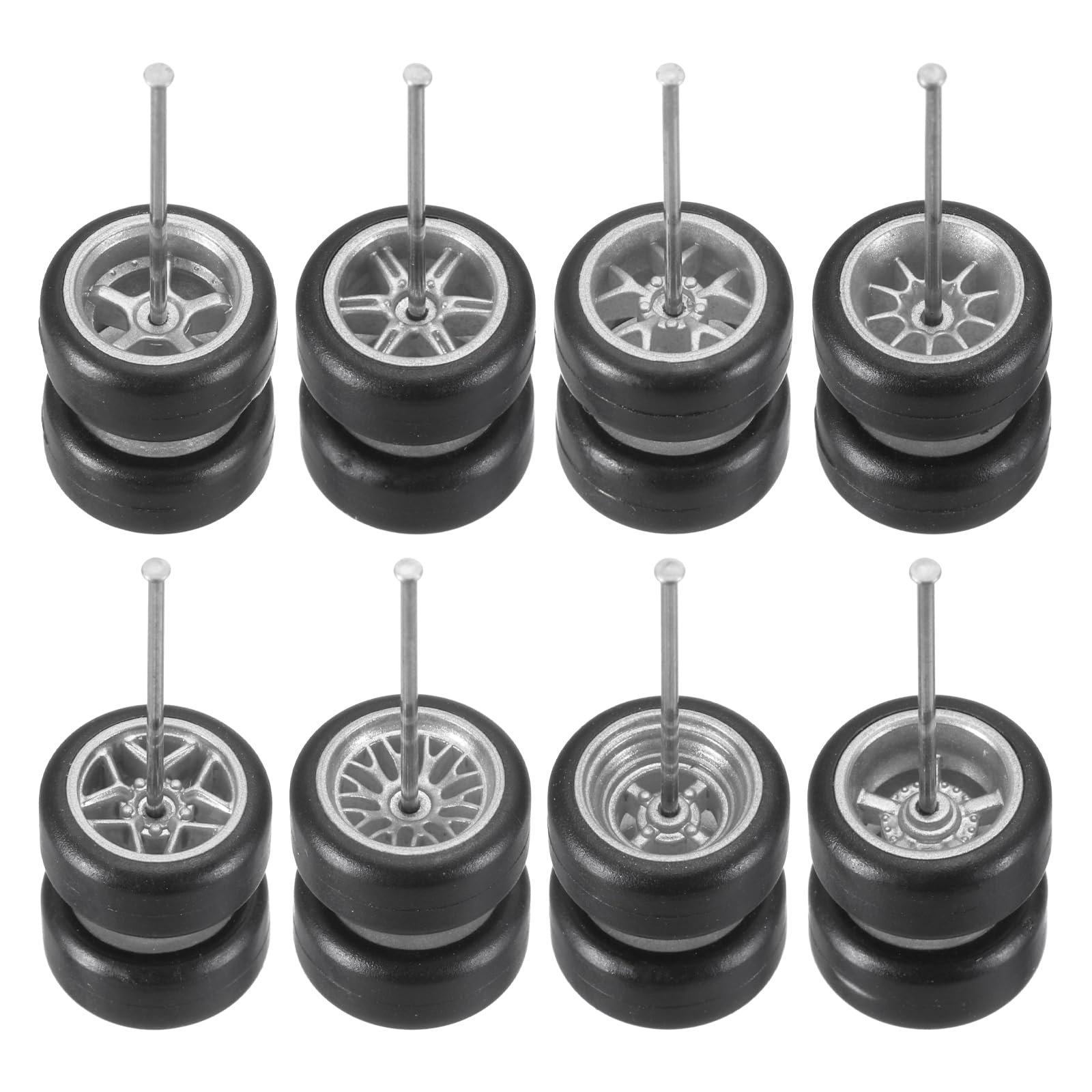 sourcing map 8 Set 1/64 Wheels and Tires Set, Real Riders Rims Includes Axles for RC Diecast Car DIY Model, Kit 6 Silver Rims