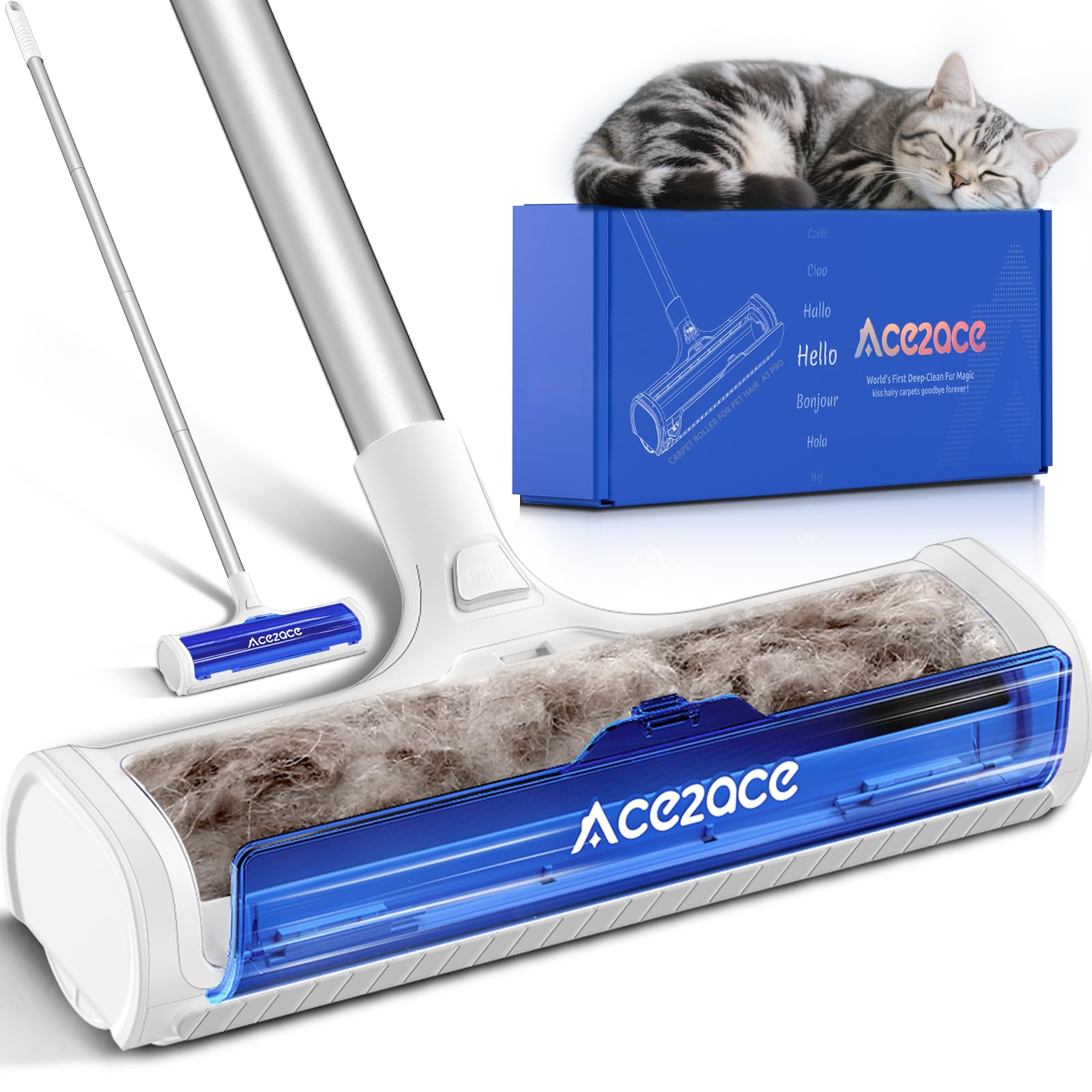 ACE2ACE Teppichrolle für Tierhaare, Teppichbürste Tierhaare, Tierhaarentferner Teppich für Hundehaare and Katzenhaare, kein Bücken, kein Knien, 1,5 m Langer Griff, Blau