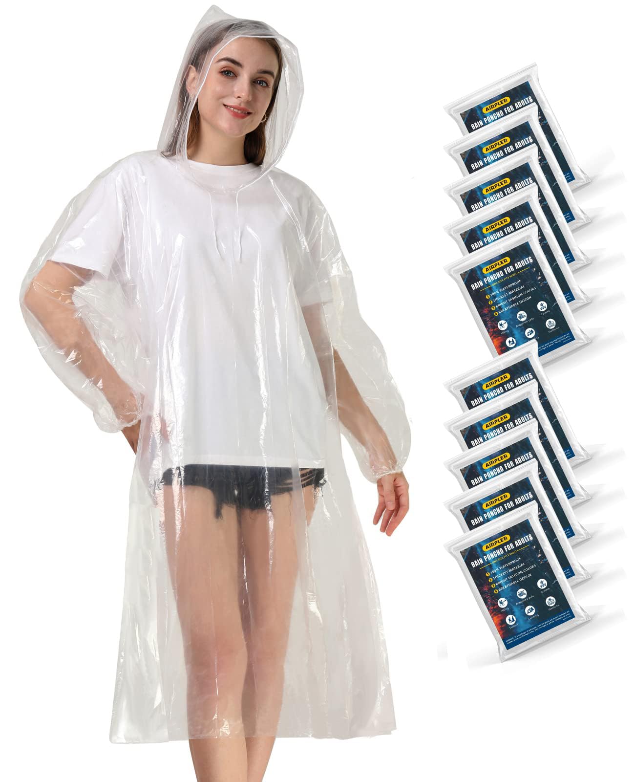 Disposable Rain Ponchos for Adults, Clear Poncho with Hood, Emergency raincoats for Hiking, Camping, Travel