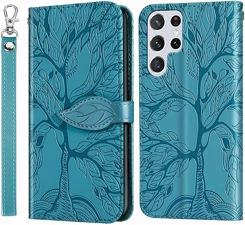 Funda tipo cartera para Samsung Galaxy S23 Ultra 5G, piel sintética de alta calidad con diseño de árbol en relieve atril ranuras para tarjetas