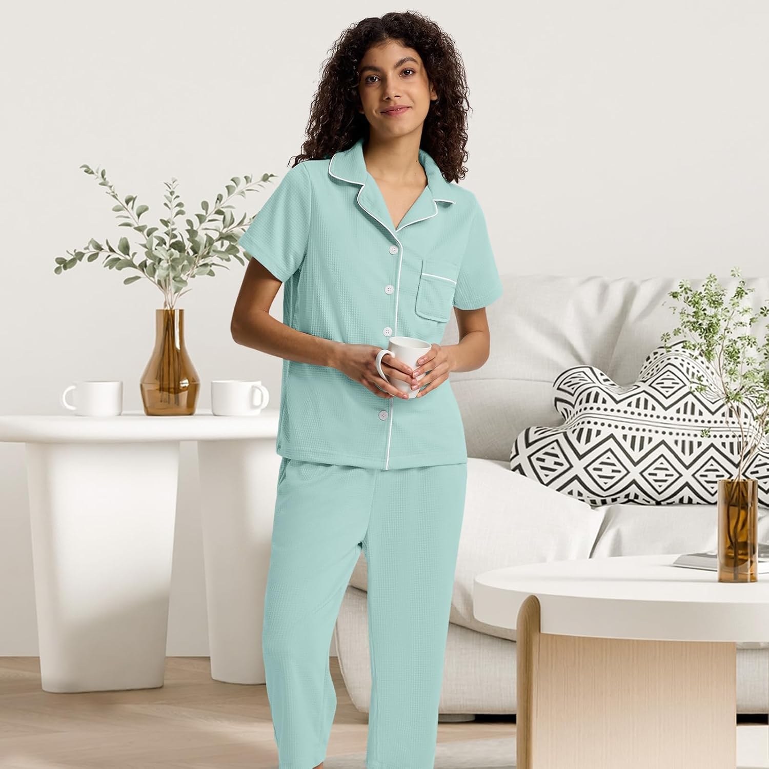 SIORO Capri Pajamas Set for Women, Button Down Sleepwear Short Sleeve Loungewear, Waffle Knit Top with Capri Pants Pjs - Image 3