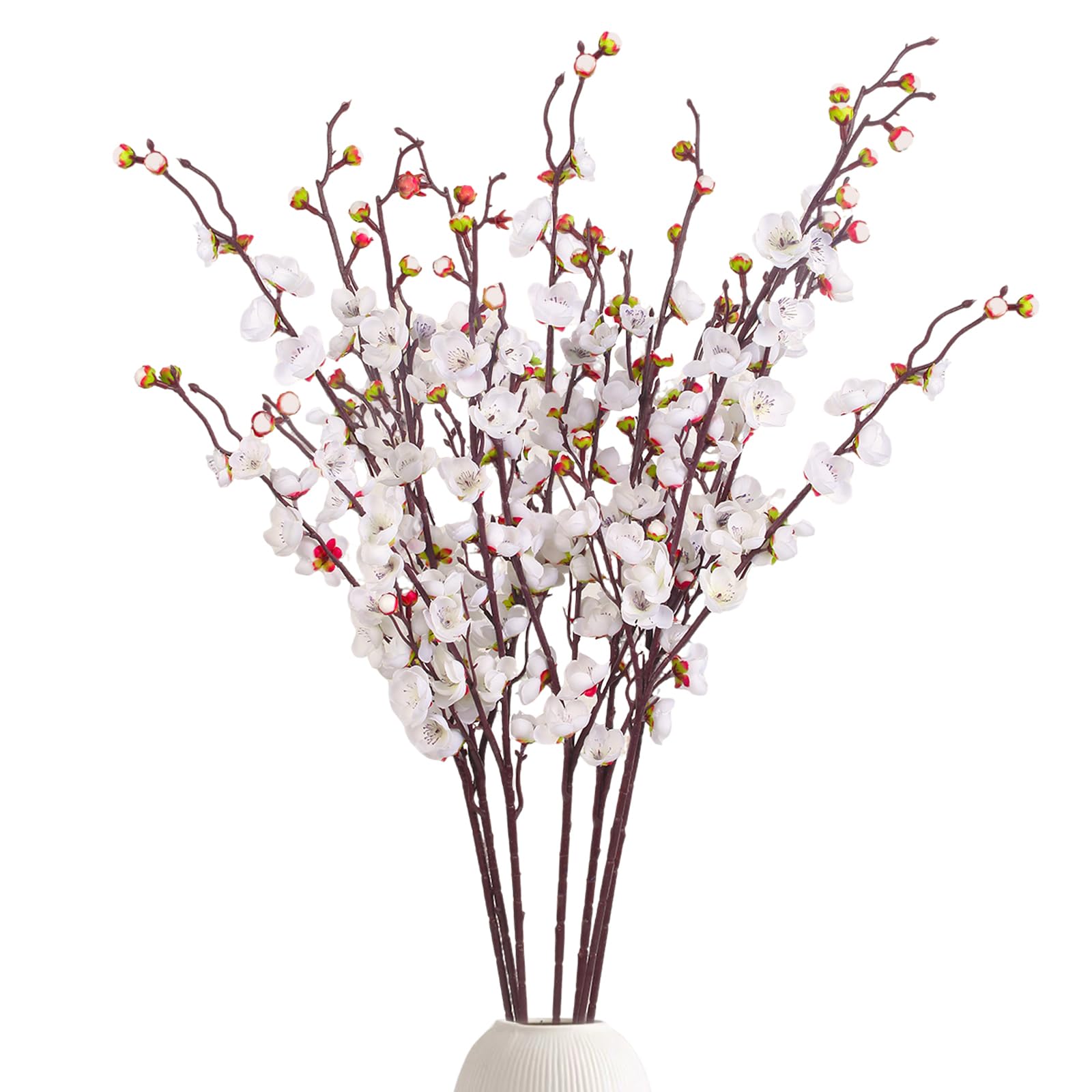 GrainBuds 8pcs White Cherry Blossom Branches Artificial Flowers for Autumn Winte Indoor Decoration,36" Plum Fake Peach Plants for Wedding Home Office