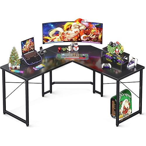 AODK 51 Inch L Shaped Gaming Desk with Monitor Stand, Computer Desk for Home Office, PC Corner Desk Table Sturdy Writing Workstation, Carbon Fiber Surface, Black