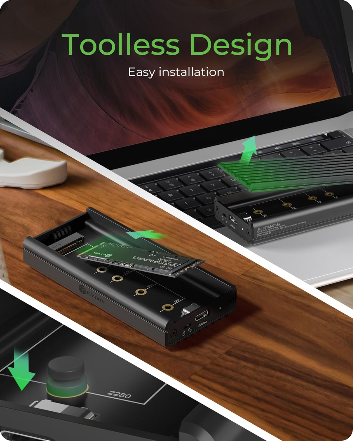 20Gbps M.2 NVMe SSD Enclosure, ICY BOX USB C External NVMe M.2 Enclosure with USB C 3.2 Gen 2x2, Tool-Free Case, Compatible with 2230/2242/2260/2280 Drives – Aluminum, Plug & Play - Image 4