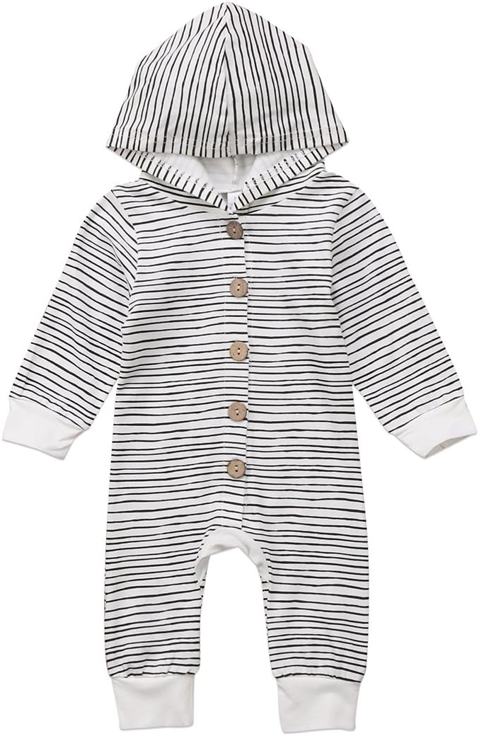 Unisex Baby Boys Girls Long Sleeve Button-Down Striped Hoodie Romper Winter Warm Jumpsuit Outfit Clothing Set (Black/White, 0-6 Months)