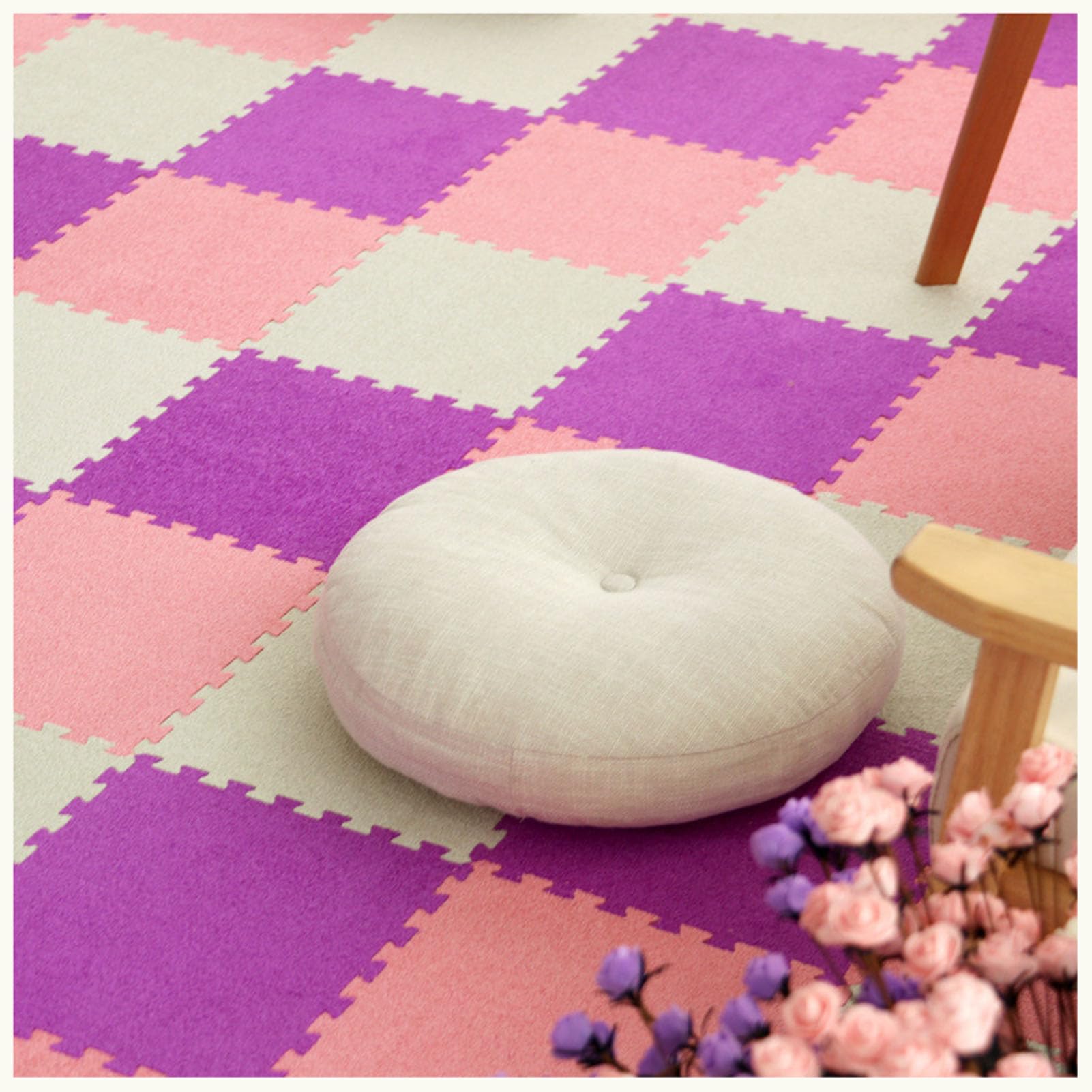 Baldosas de Espuma, Paquete de 10 losetas de moqueta entrelazadas con Borde, Multicolor, 30 x 30 x (0,6-1) cm(Purple+Pink+White,1cm)