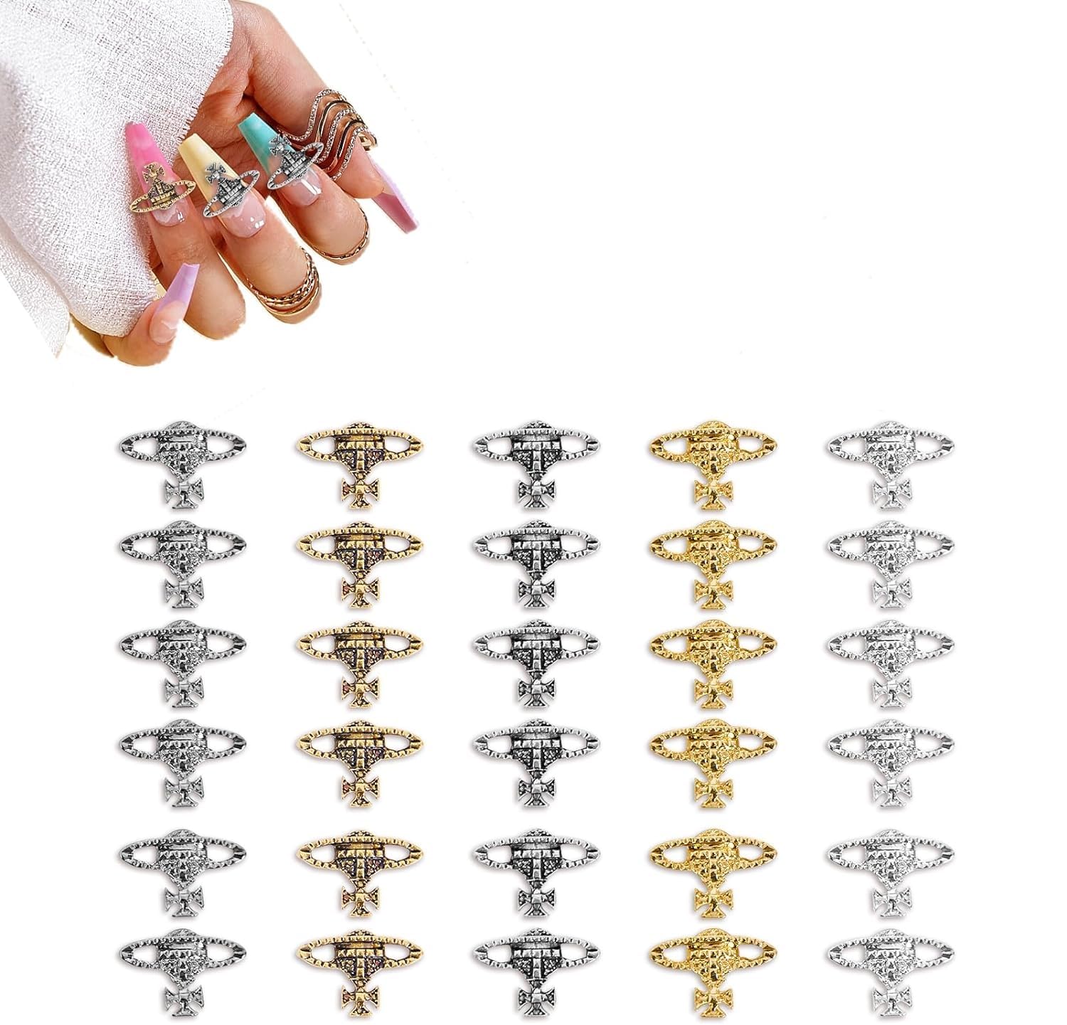30 pcs 3D Alloy Planet Nail Charms for Acrylic Nail Art DIY Nail Designs(5 Color