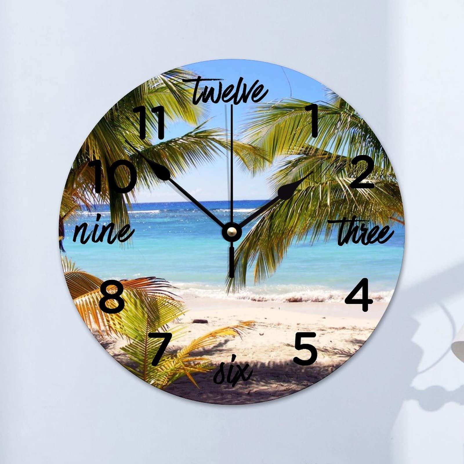 Horloge murale ronde palmier plage mer de 38 cm silencieuse à pile pour salon