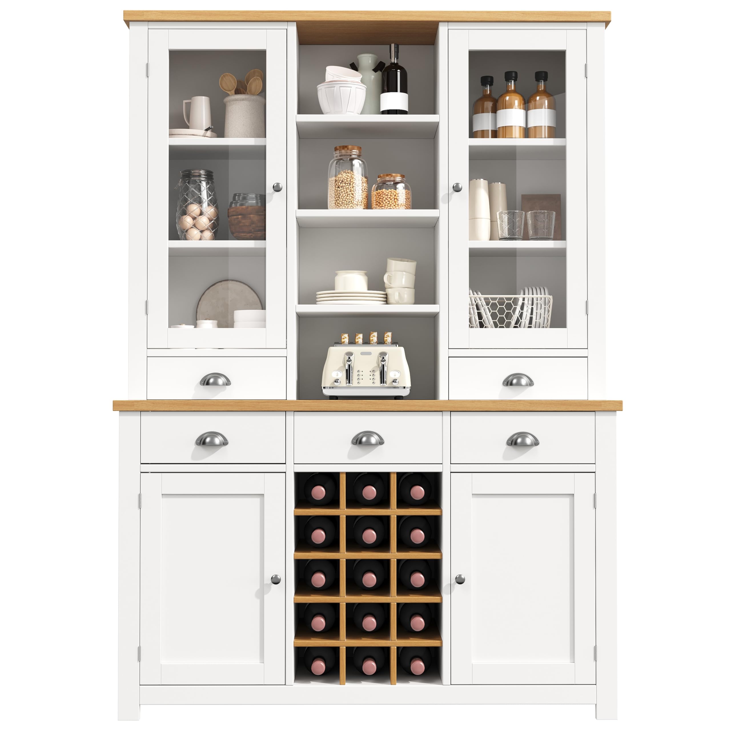 SUKY Armario alto multiusos para el hogar con protección antivuelco, armario de pie para cocina y salón con puerta de cristal, asas de metal y función de cierre suave, estante para vino extraíble, 120