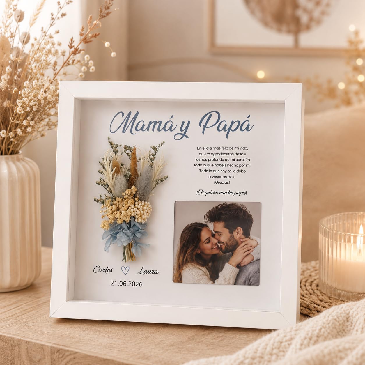 Marco Flores Preservadas Personalizado | Marco ramillete flores preservadas | Regalo para Mamá, Padres de los Novios, Padrinos, Madrinas, Testigos y Bodas | Flores preservadas, Regalo boda