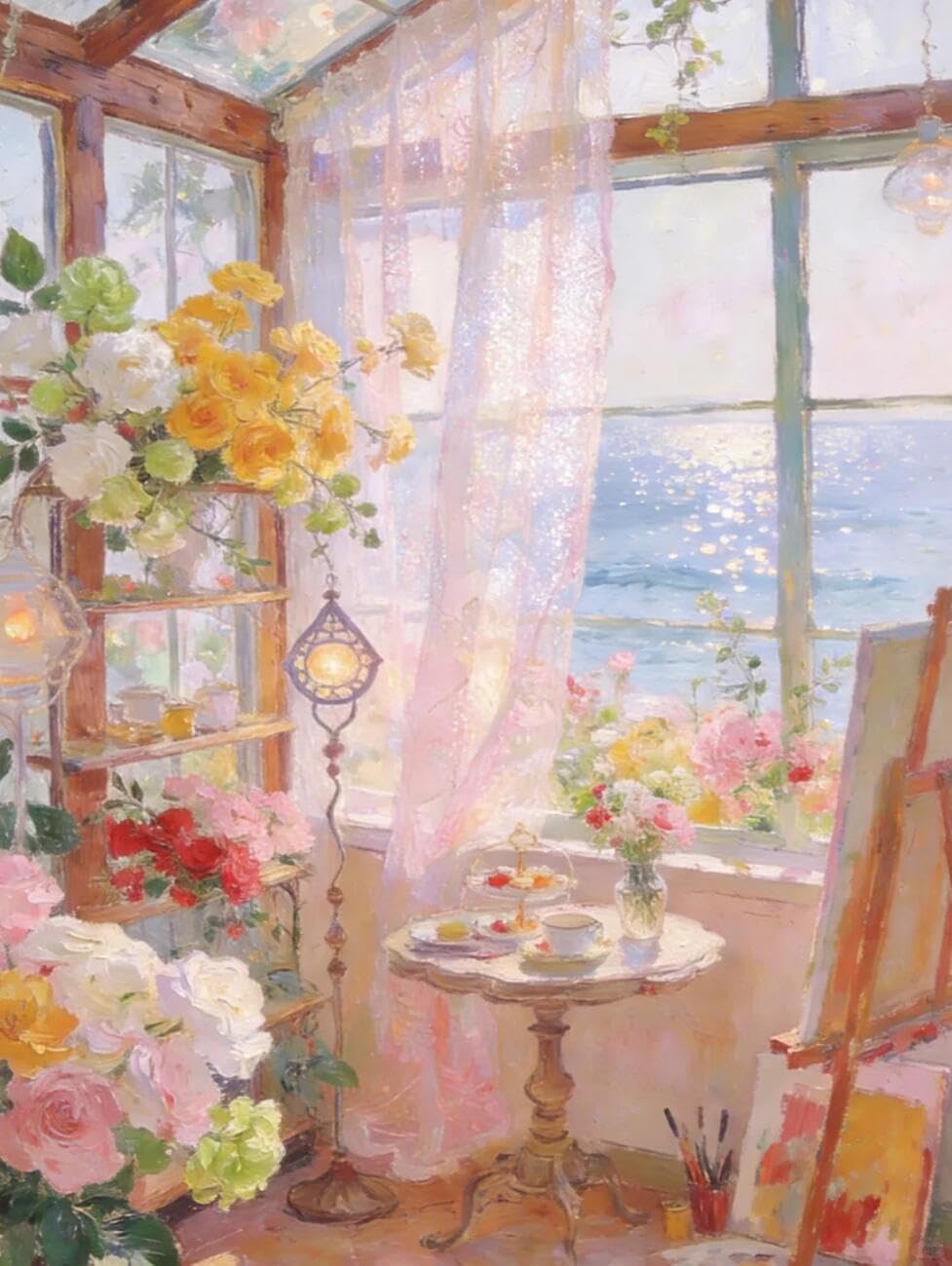 Henypt Cross Stitch Kit Flowers by the Window Landscape DIY Needlepoint Set for Beginners The Elderly with Accessories Handmade DIY/Gifts 14CT 40x50cm