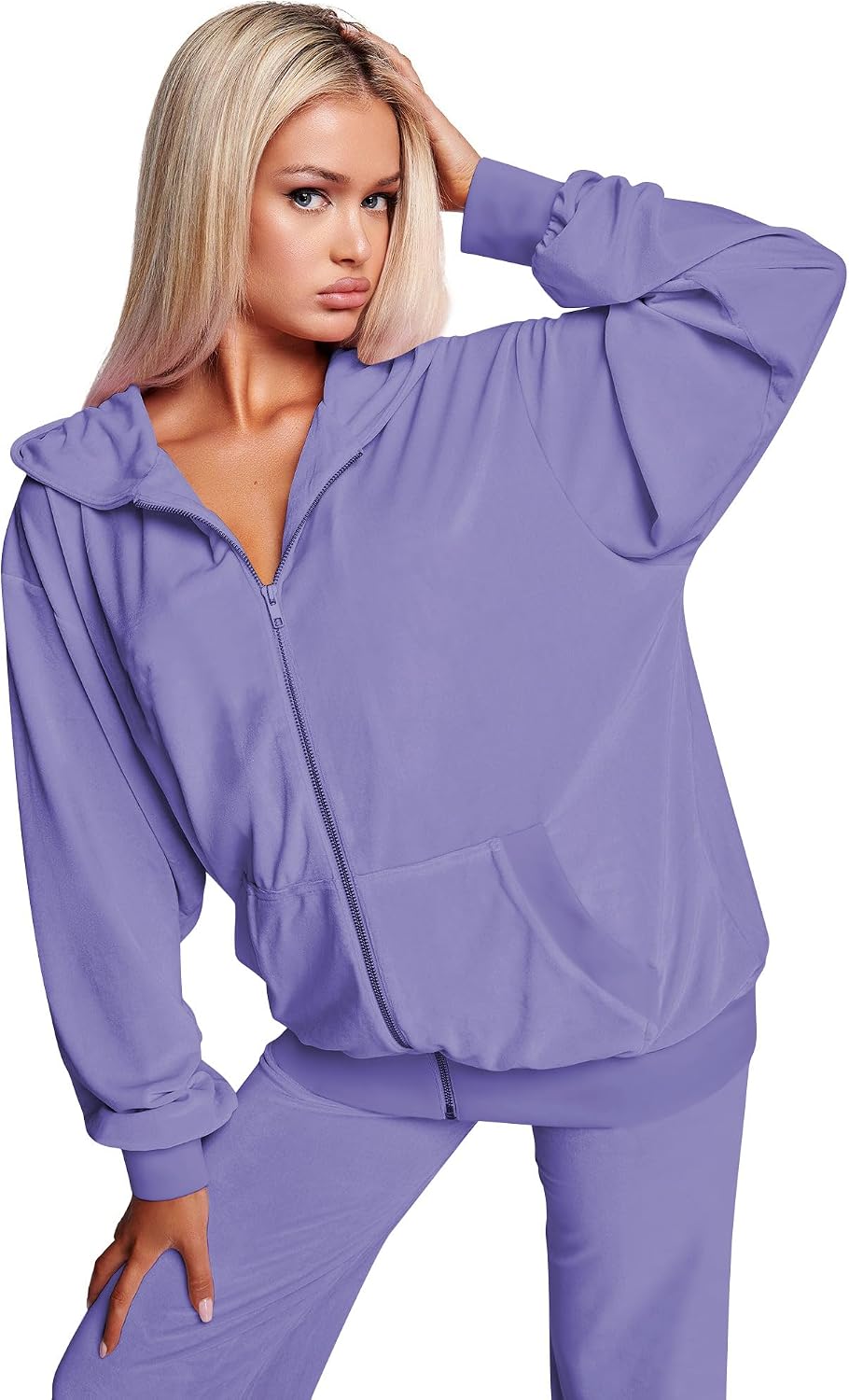 Womens 2 Piece Solid Velour Tracksuits Two Piece Velvet Lounge Outfits for Women, Long Sleeve Hoodie Tops Sweatsuits Casual Zip-Up Jacket Workout Pants Matching Set with Pockets, Sports Jogging Sets