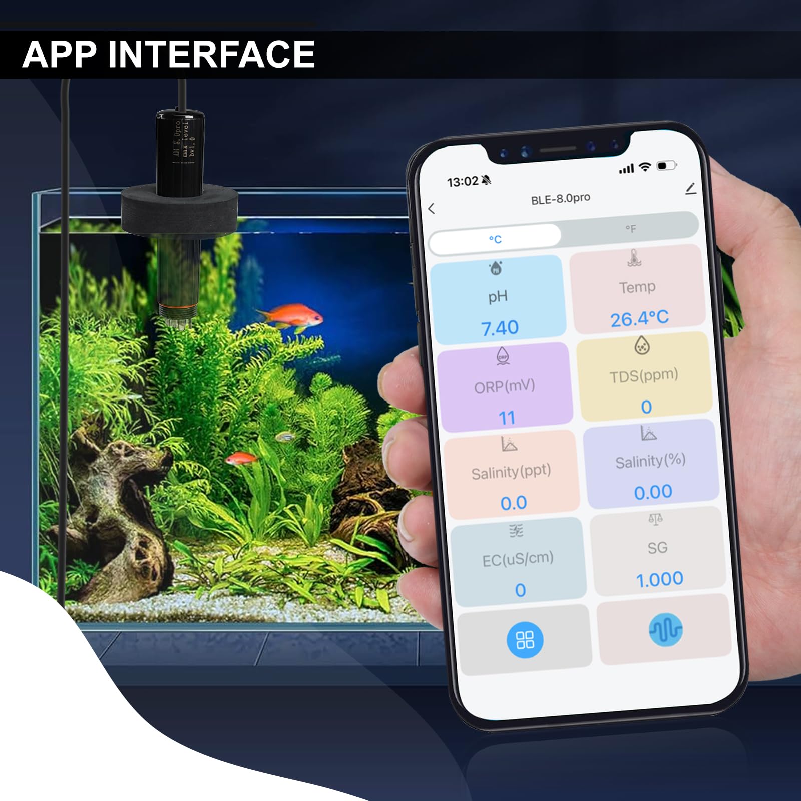Probador de calidad del agua 7 en 1 WiFi sonda de acuario monitor de agua para pH, temperatura, TDS, salinidad, EC, ORP, S.G con alertas en tiempo real a través de la aplicación para peceras