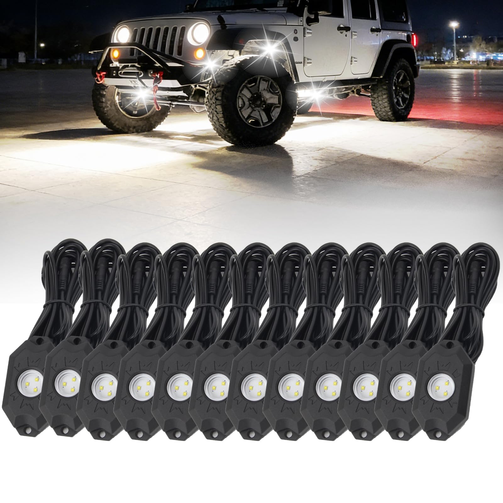 12-Pod LED Rock Lights Kit – Underbody White Lights – IP68 Waterproof – For Jeep Truck ATV UTV Boat - View #3