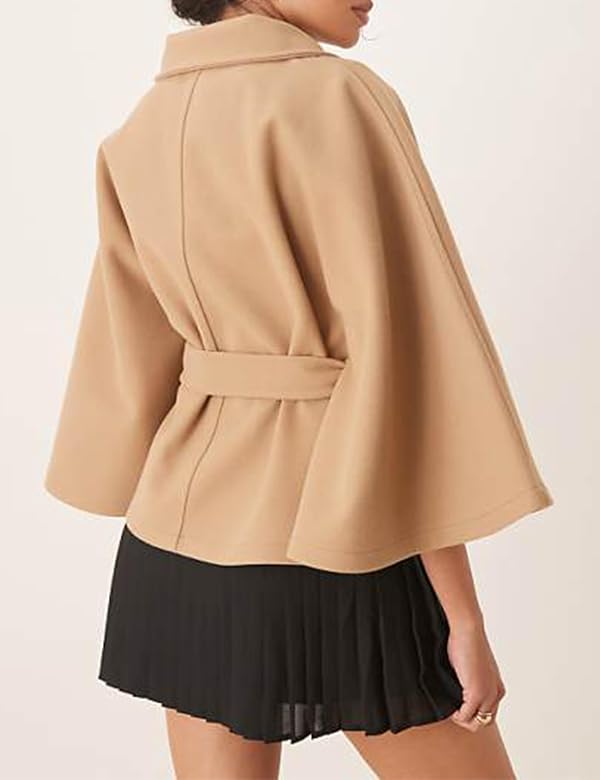 OPCAKM Women's Batwing Sleeve Poncho Coat Oversized Winter Pea Coat Stand Collar Cropped Cape Jacket with Belt(Khaki-S) by OPCAKM - Image 3