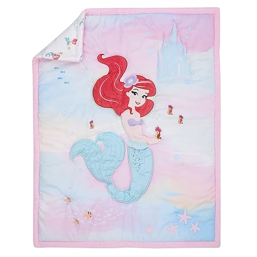 Miniatura 2 de NoJo Disney Ariel Watercolor Wishes - Juego de ropa de cama para cuna de 3 piezas, color aguamarina, rosa y blanco, edredón, sábana bajera ajustable