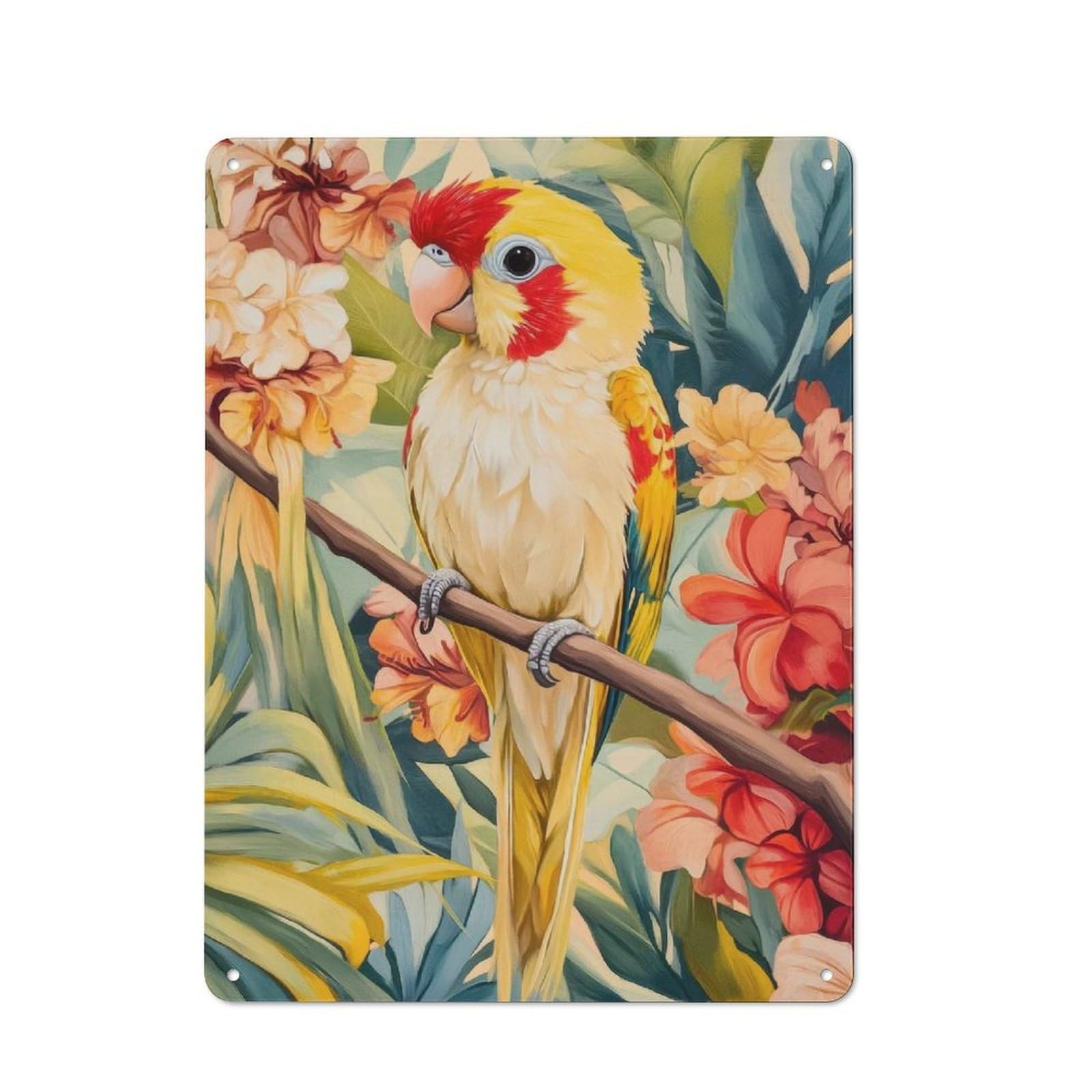 Vintage Metal Plaque 40x30cm Featuring Parrot in Tropical Flowers for Home Bar Wall, A Metal Wall Feature for Home Bars And Entertaining Spaces