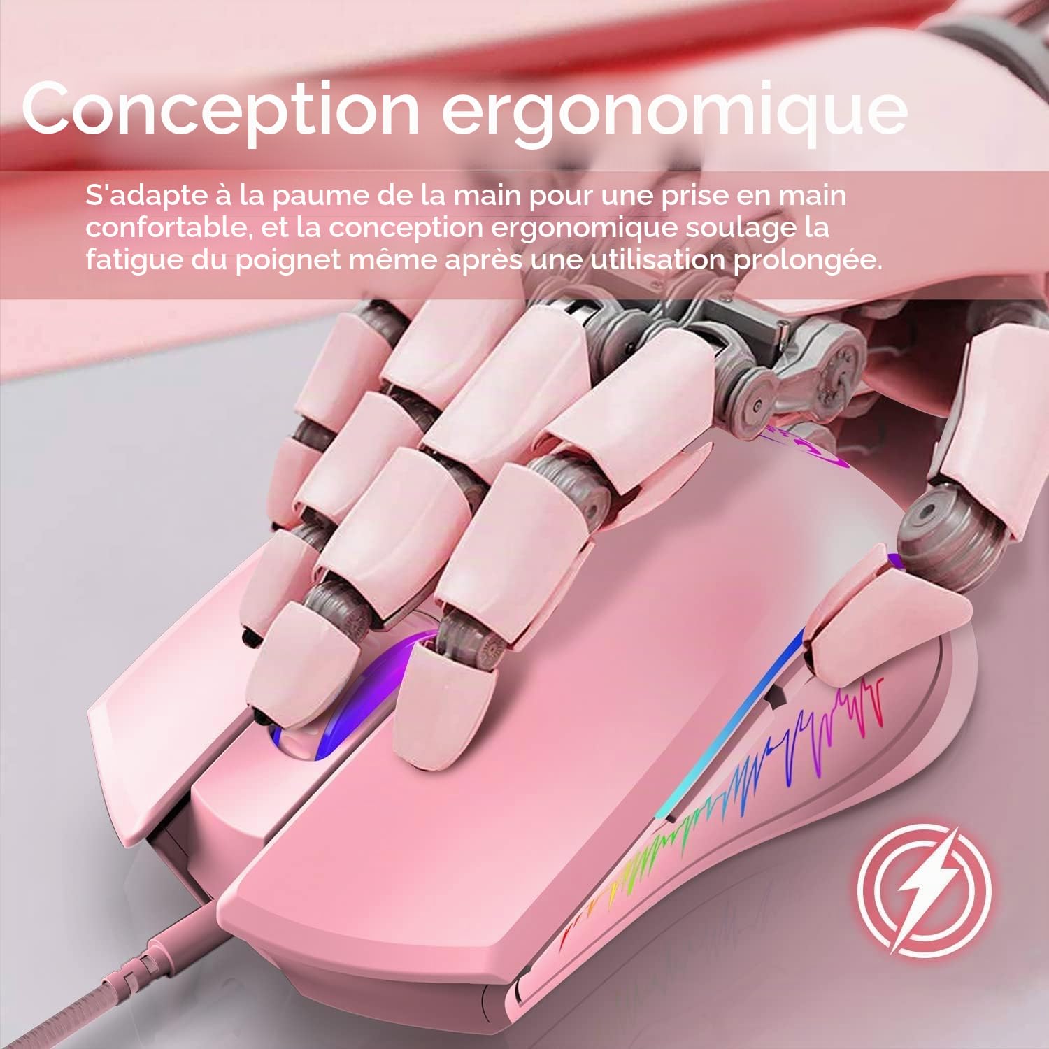 HXSJ V700 Ensemble Clavier et Souris de Jeu,Clavier de Jeu 60%,Disposition Compacte 61 Touches,Rétroéclairage RVB,Souris à Capteur Optique avec Lumière LED Colorée,Jusqu'à 3600 DPI,pour PC,Mac-Rose