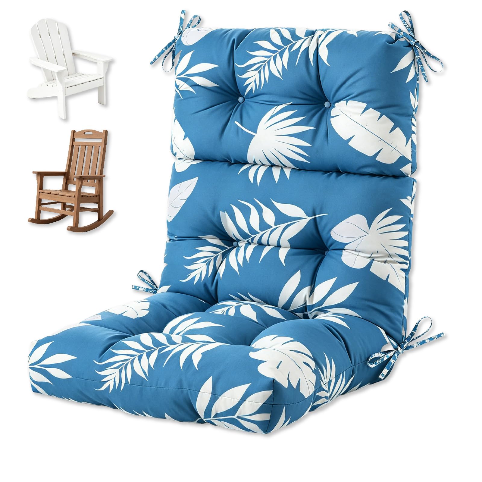 Outdoor-Sitzkissen, wasserdicht, verdickt, 112 x 53,3 x 10 cm, Adirondack-Stuhlkissen mit Bändern, hohe Rückenlehne, Schaukelstuhlpolster für Terrassenmöbel, blaues Blatt