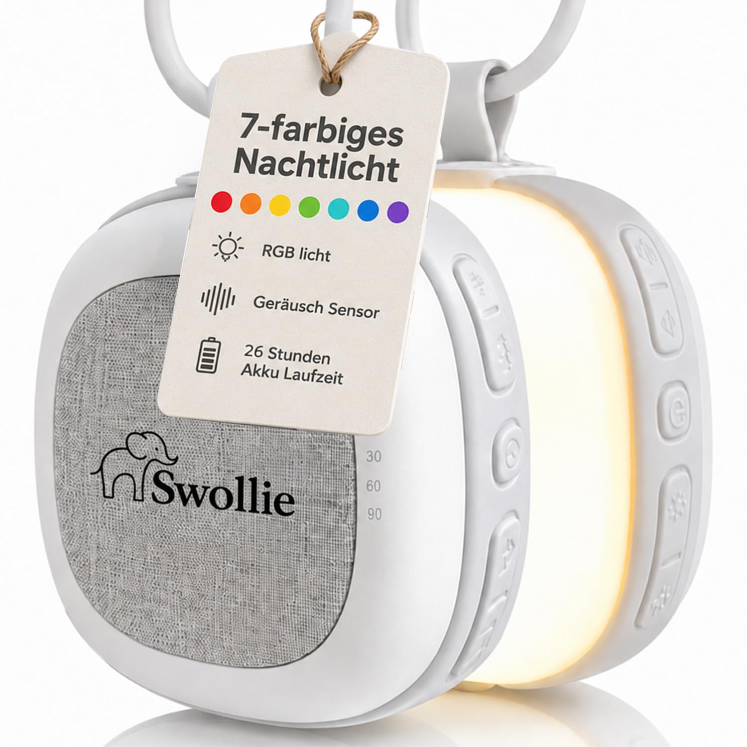 Tragbares White Noise Gerät & RGB Nachtlicht mit Soundsensor, 32 beruhigende Geräusche, extra großer Akku bis zu 26 Std. Laufzeit, Einschlafhilfe für Babys, Sound Machine, Babyparty Geschenk
