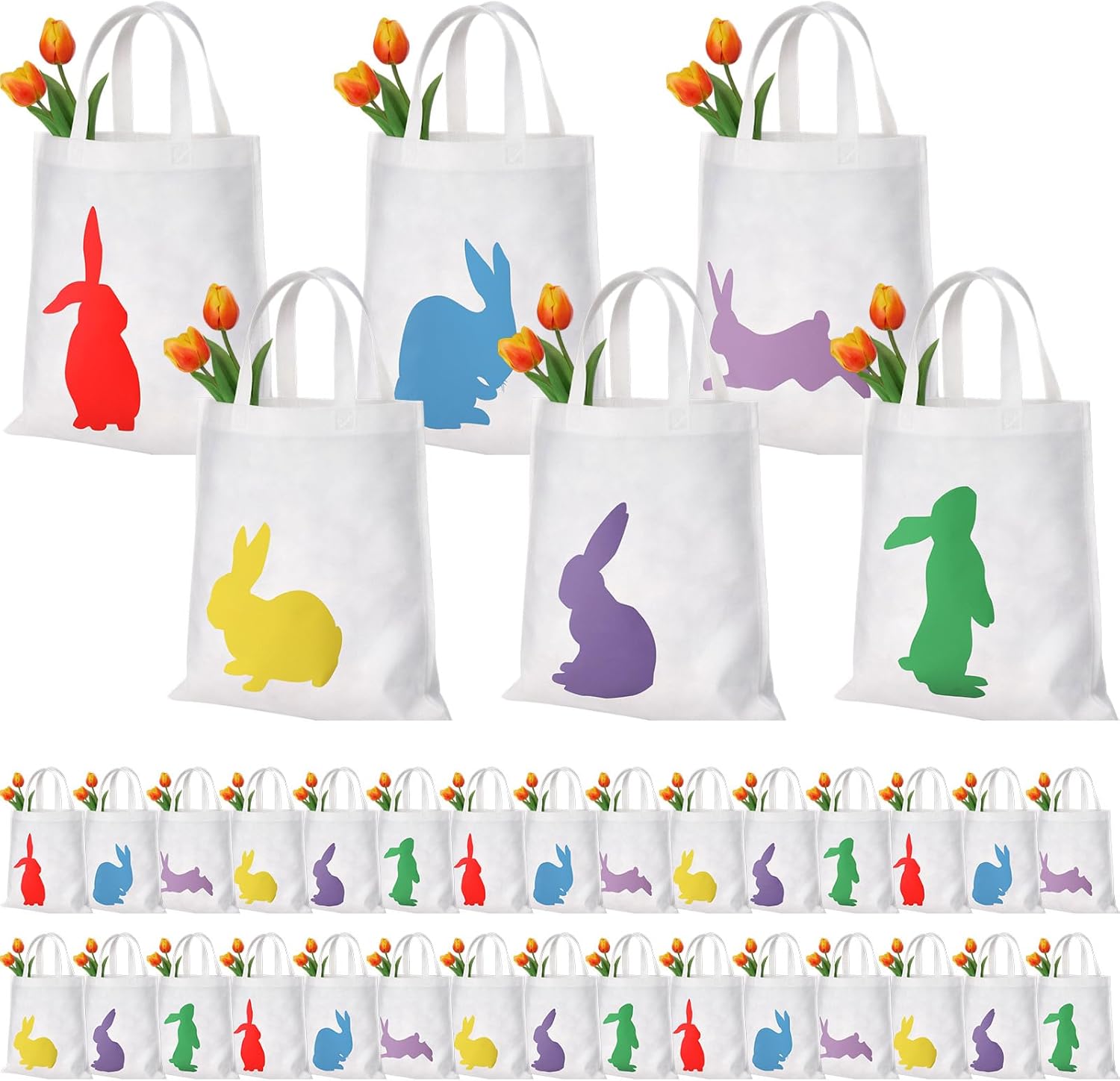 Weewooday 100 Pieces 15 x 16 Inch Easter Gift Bags Bulk Non Woven Easter Bag Bunny Tote Bag Rabbit Present Reusable Goodies Treat Bags with Handles for Birthday Party Family Gathering Favors