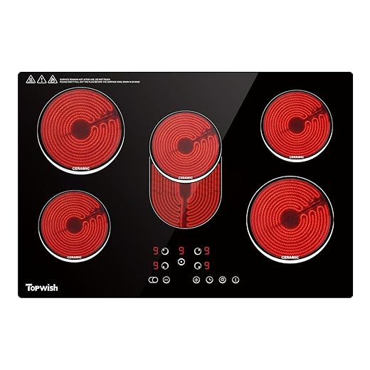 TOPWISH 30 Inch Electric Cooktop, 5 Burners Built-in Electric Stove Top Hot Plate, Drop-in Ceramic Cooktop Kitchen Stoves with Touch Control, Safety Lock, Timer, 220-240v (Hard Wired No Plug)