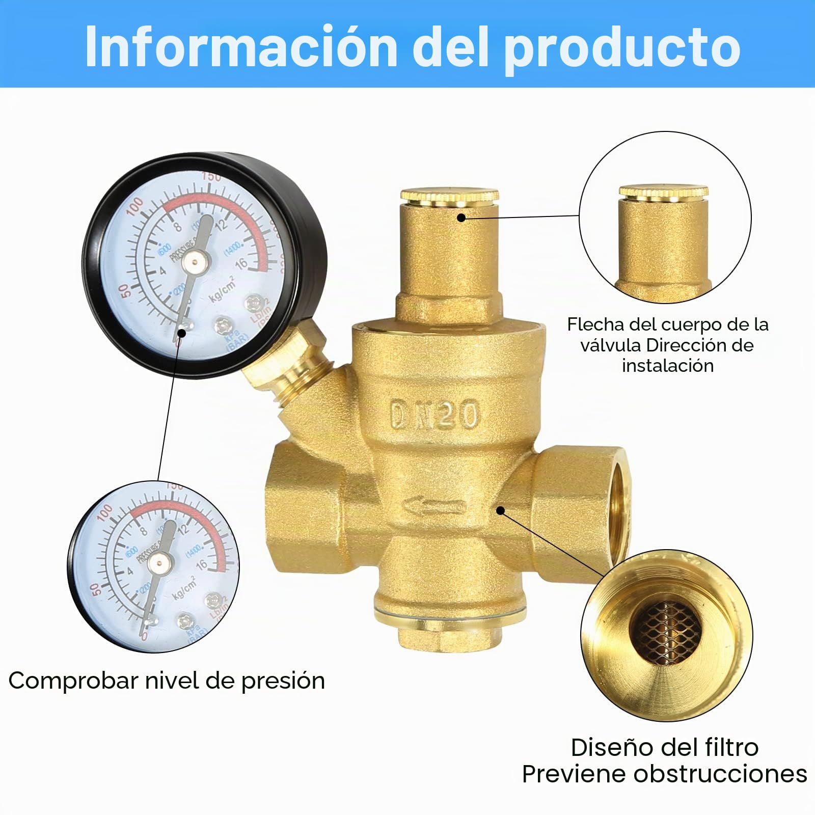 Regulador de Presión Agua DN20 3/4 Pulgada Latón Válvula Reductora