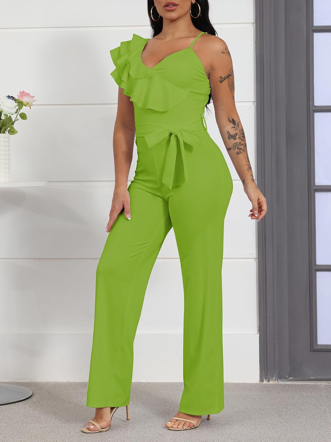 HBQ Womens Casual One Piece Jumpsuits V-Neck Sleeveless Ruffle Backless Belted Elegant Romper Wide Leg Pant Sexy Party Clubwear Overalls-Light Green-XL - Image 2