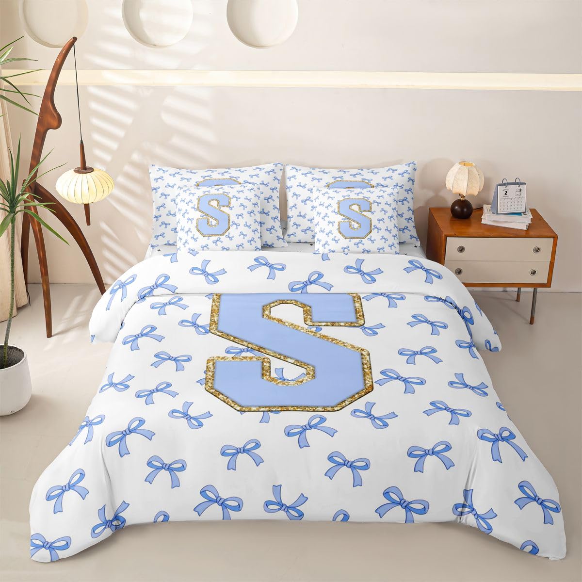 Loussiesd Sweet Blue Bows, copripiumino per letto super king, 7 pezzi