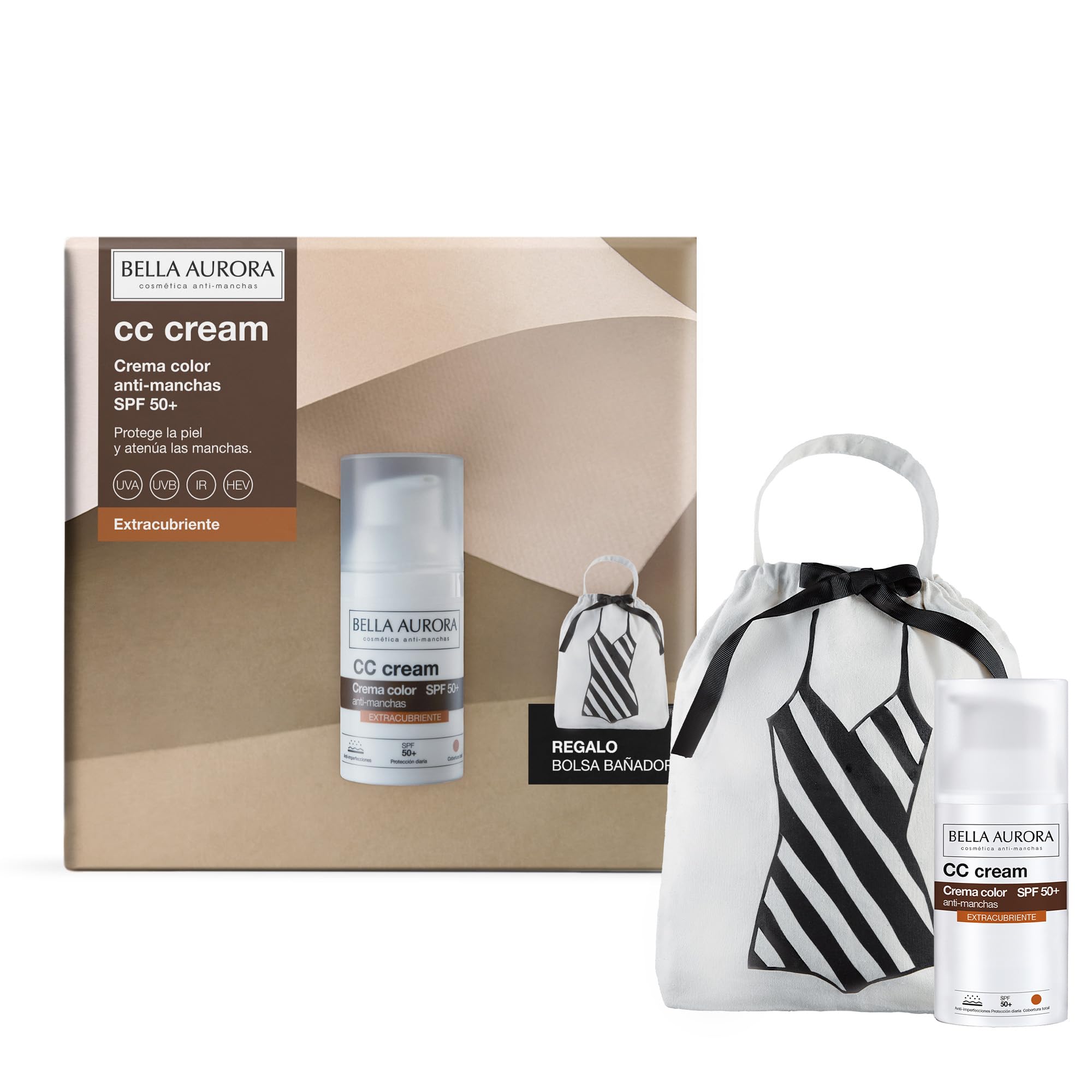 BELLA AURORA - Pack CC Cream Antimanchas Extracubriente SPF50+ 30 ml + Bolsa Bañador, Protector Solar Antimanchas, Crema Color Antimanchas, para Hiperpigmentaciones y Unificar Tono, Crema Solar Facial