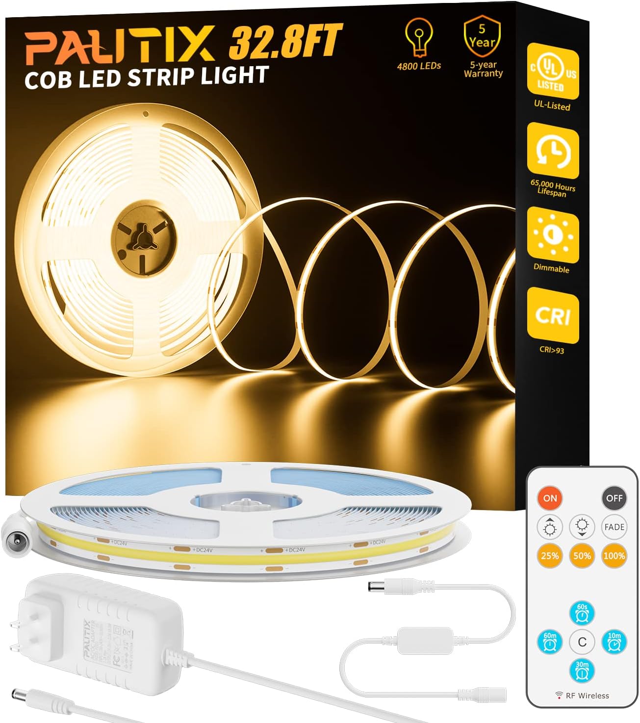 PAUTIX COB LED-strip IP65 waterdicht 2700K warm wit 10M, 24V 480LEDs/M dimbaar CRI93 flexibele LED-stripverlichting set met RF-afstandsbediening en voeding voor thuis DIY-decoratie,timerfunctie