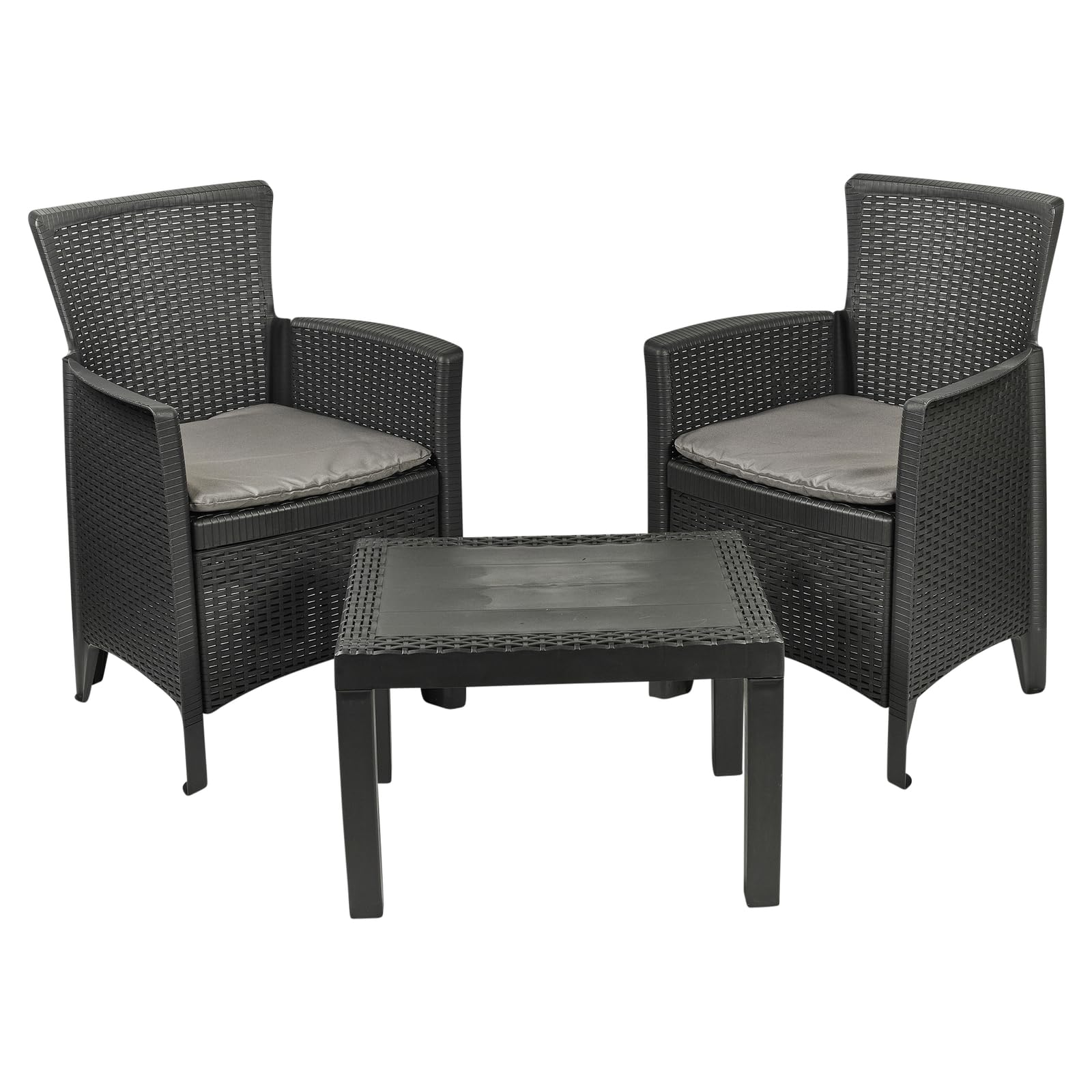 URBN GARDEN 3-Piece Bistro Garden Furniture Set, 2 Black Plastic Armchairs with Cushions & Coffee Table, Rattan-Effect Polypropylene, Outdoor Use, Part Assembled, Ideal for Patio Balcony