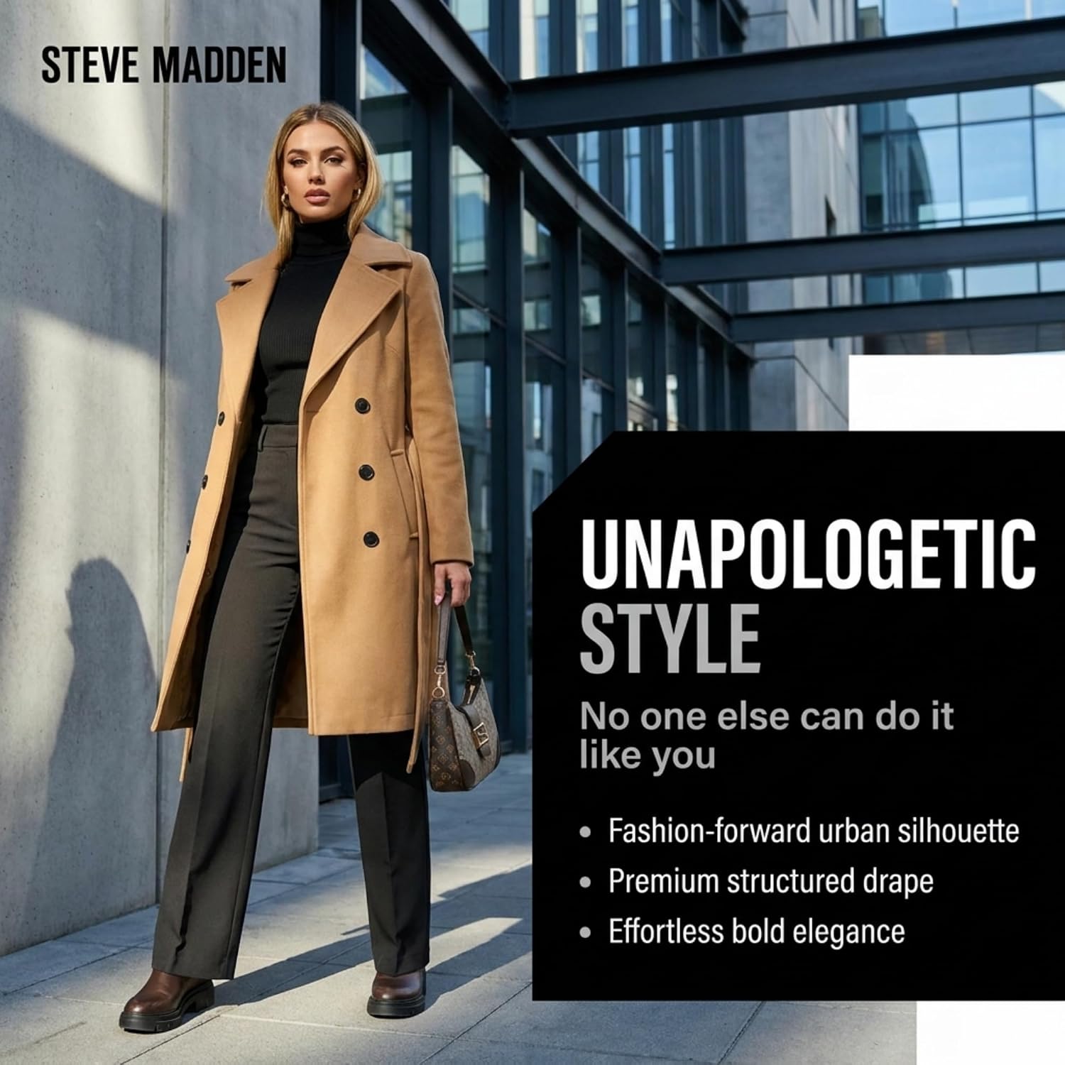 Steve Madden Trench Coat for Women - Double-Breasted Long Winter Faux Wool