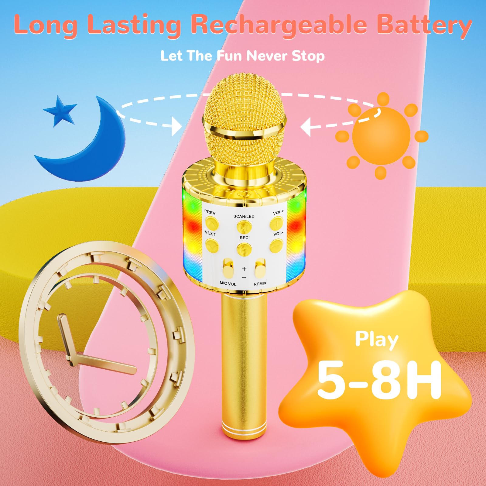 Ankuka Microfono Karaoke Bluetooth Wireless Microfono Bambini Regalo per Bambini 3-12 Anni Microfono Giocattolo Cambia Voce, Compatibile con Android, iOS, PC Oro
