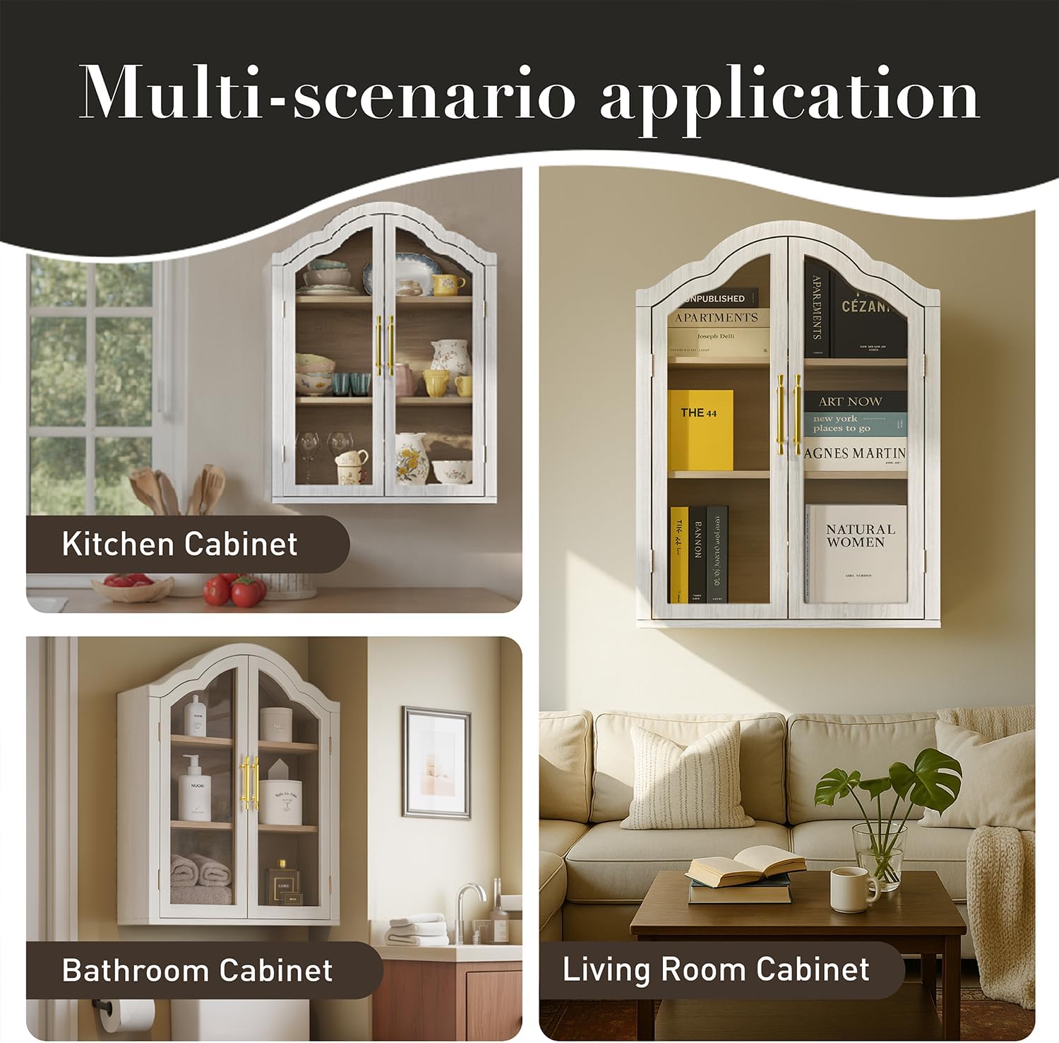 Arched Bathroom Wall Cabinet with Glass Doors, 31.5×23.6" Wall Mounted Display Cabinet with Adjustable Shelves, Hanging Storage Cabinet for Kitchen, Living Room
