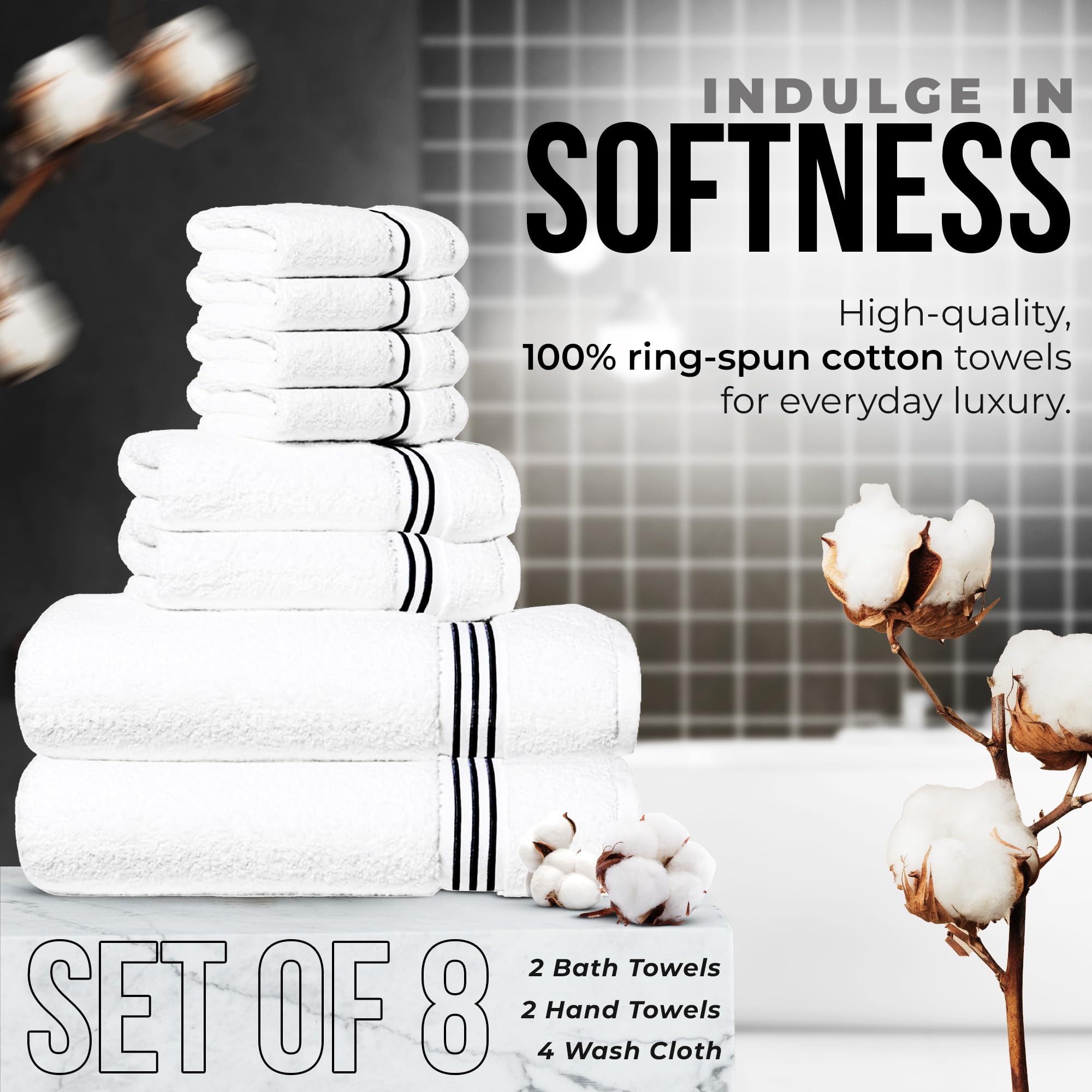 Simpli-Magic Set di asciugamani di alta qualità, 8 pezzi, 2 asciugamani da bagno, 2 asciugamani per le mani e 4 panni da bagno, 100% cotone filato ad anello, altamente assorbenti, per bagno, palestra,