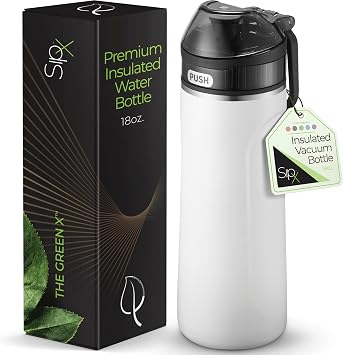 SipXTM Premium Stainless Steel Water Bottle with Straw Lid 18 oz 532 mL. Triple Insulated, Leakproof, BPA-Free Slim, Durable Bottle for School, Gym, Office White
