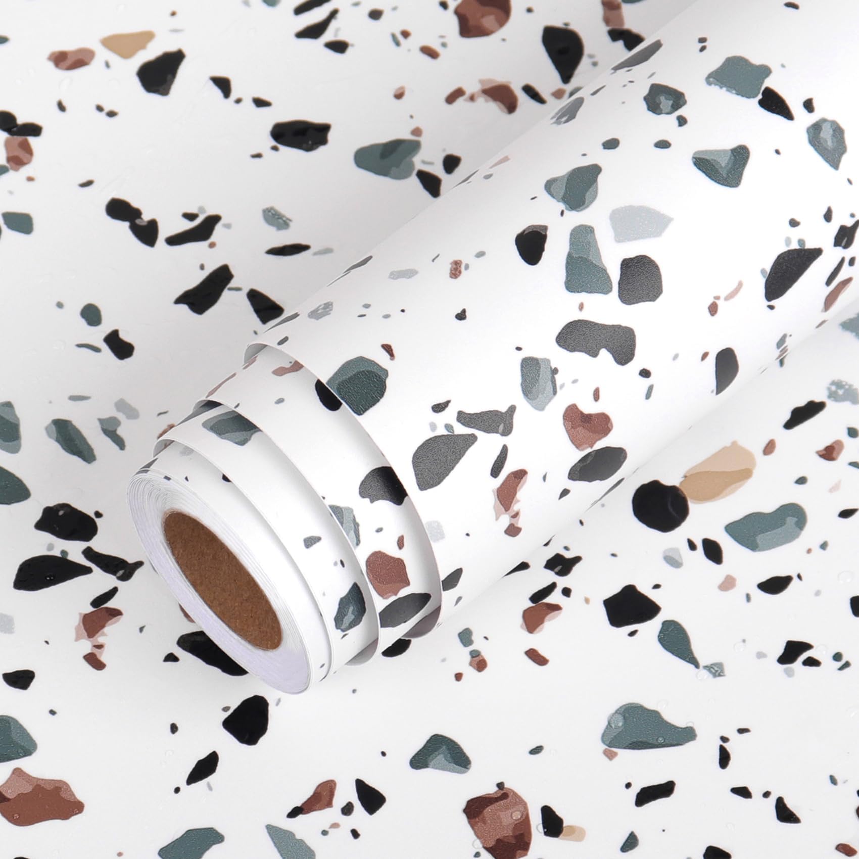 LACHEERY White Terrazzo Contact Paper White Blue Kitchen Worktop Vinyl Wrap Matt 60cm x 400cm Roll Sticky Back Plastic Stone Effect Washable Wallpaper Terrazzo for Bedroom Cupboards Loft Funiture — image 1