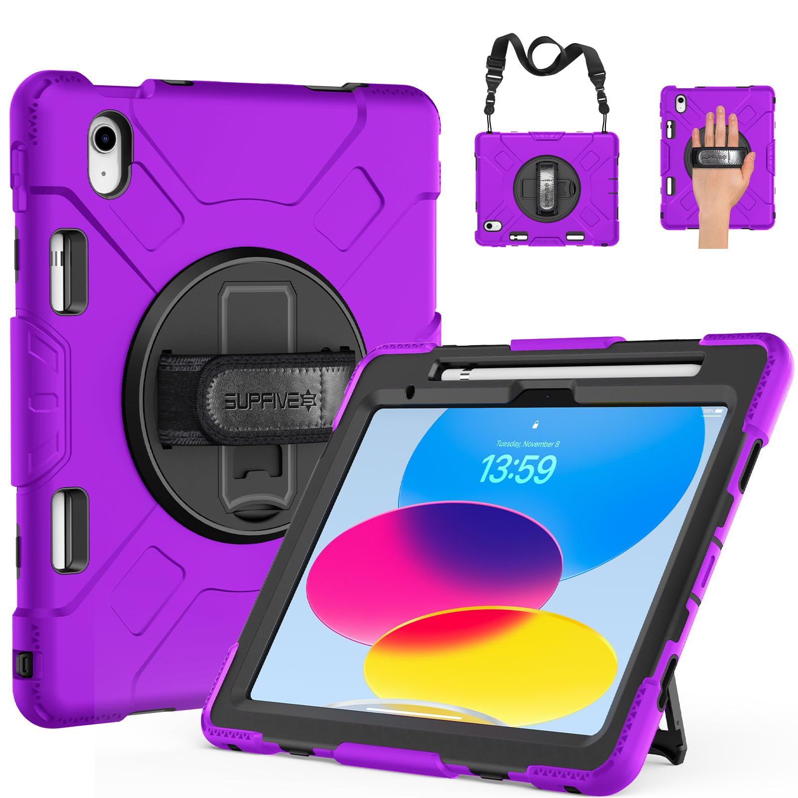 SUPFIVES 2022 iPad Pro 11 inch Case (4th Generation),Upgraded Military Grade Shockproof Silicone iPad Pro 11 4th/3rd/2nd Gen Cover Pencil Holder+ Handle+ Shoulder Strap+ Rotating Kickstand, Black — Amazon image 13