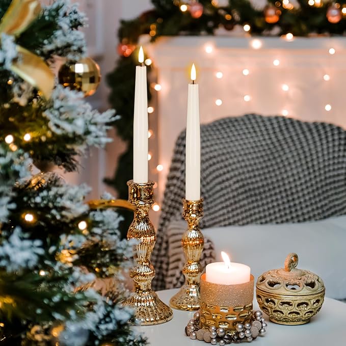 KunSwenn Real Wax Flameless Taper Candles Battery Operated, 8.1” Tall LED Flickering Flameless Candlesticks with 3D Wick, 4 Pcs Electic Candles for Wedding Table Party Decor (White) photo 5